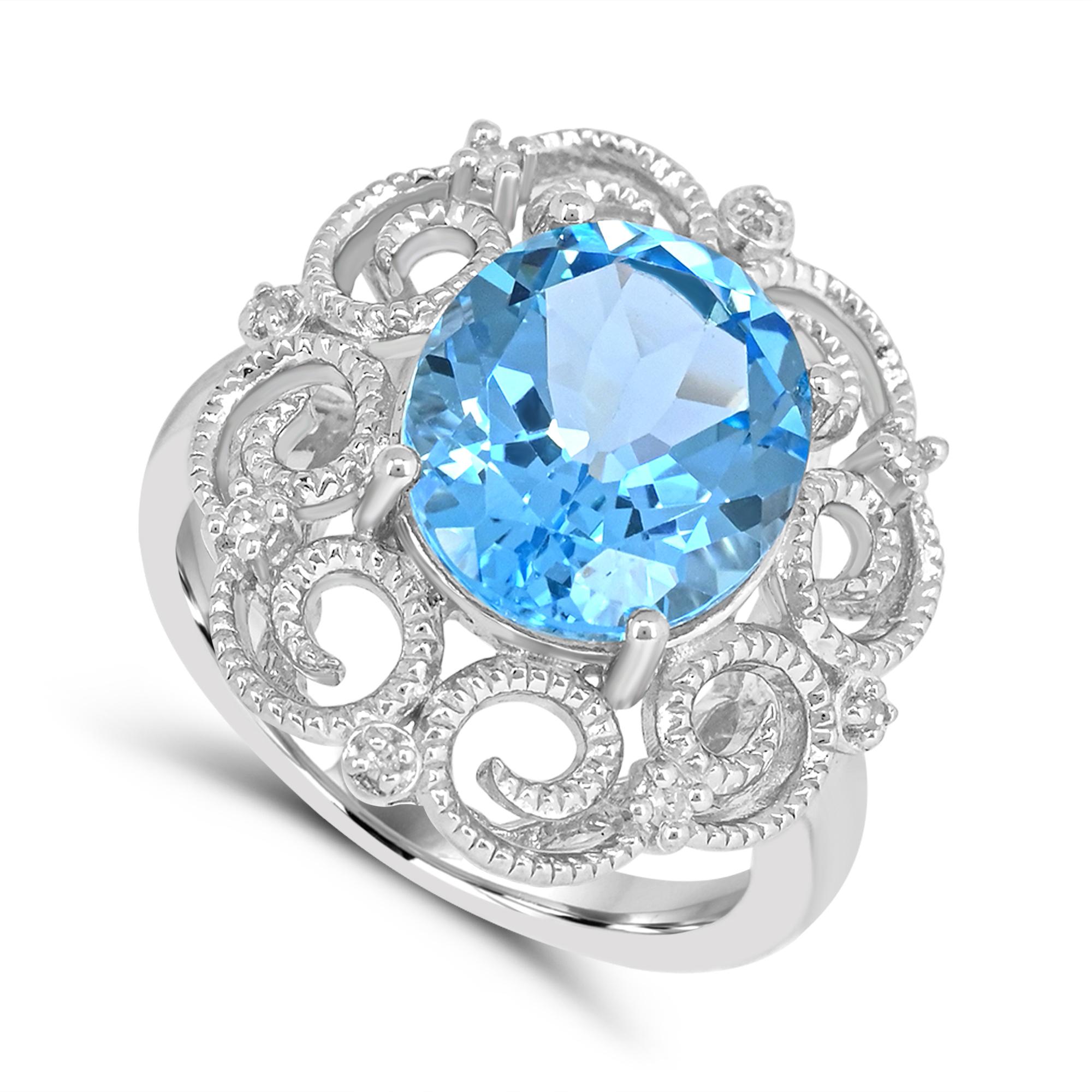5-1/2 ct. Bague en argent sterling avec topaze bleue suisse et diamants en bordure rétro Pour femmes en vente
