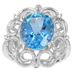 5-1/2 ct. Swiss Blue Topaz and Diamond Accent Retro Border Sterling Silver Ring
