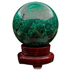 Antique 5-1/2" Diameter Malachite Sphere on Wooden Stand II