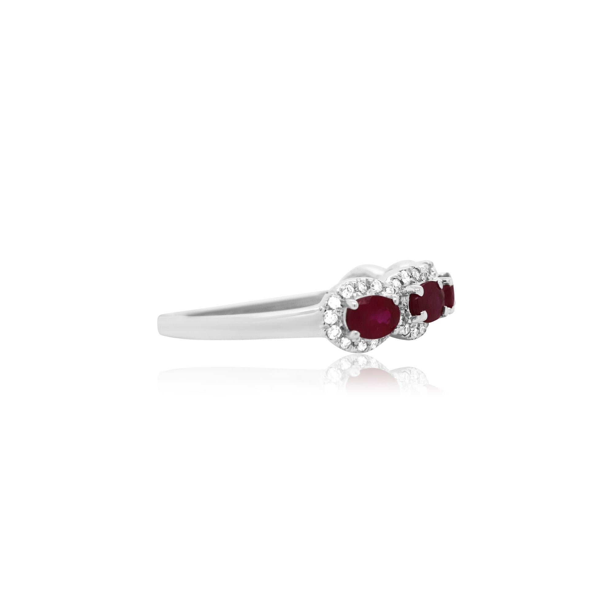 14K White Gold
5 Oval Shaped Rubies at 1.11 Carats Size: 2.8 x 3.7 mm 
60 Round White Brilliant Diamonds at 0.27 Carats Color H - I / Clarity: SI 

Alberto offers complimentary sizing on all rings.

Fine one-of-a-kind craftsmanship meets incredible