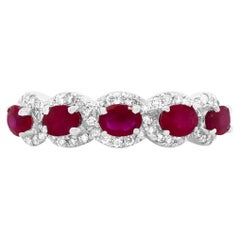 5 1.11K Stone Oval Ruby Round Brilliant White Diamond 14K White Gold Band Ring