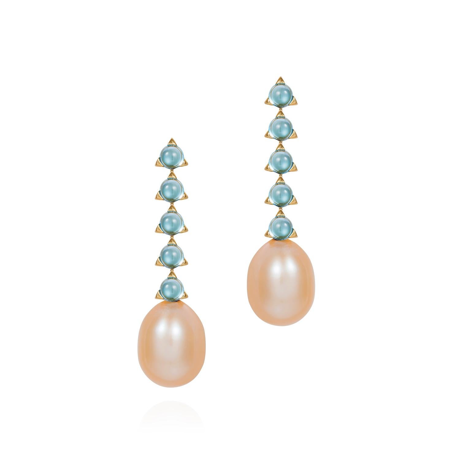 MAVIADA's five stone 3mm round smooth cabochon stones, 8x12mm light peach, light violet coloured baroque pearl 18k yellow gold earrings, come in multiple fabulous colours. Each baroque pearl is unique and the colours may vary between light peach and