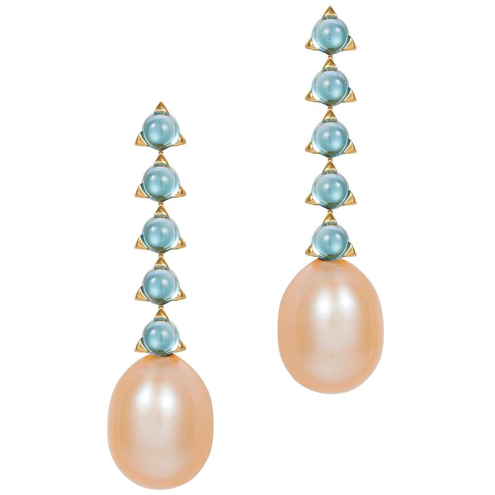 5- 3 mm Stone Baroque Pink Pearl Earrings, Swiss Blue Topaz, 18 K Yellow Gold For Sale