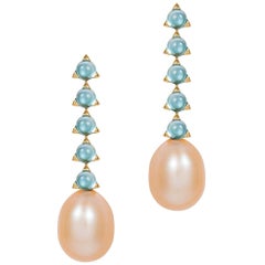 5- 3 mm Stone Baroque Pink Pearl Earrings, Swiss Blue Topaz, 18 K Yellow Gold