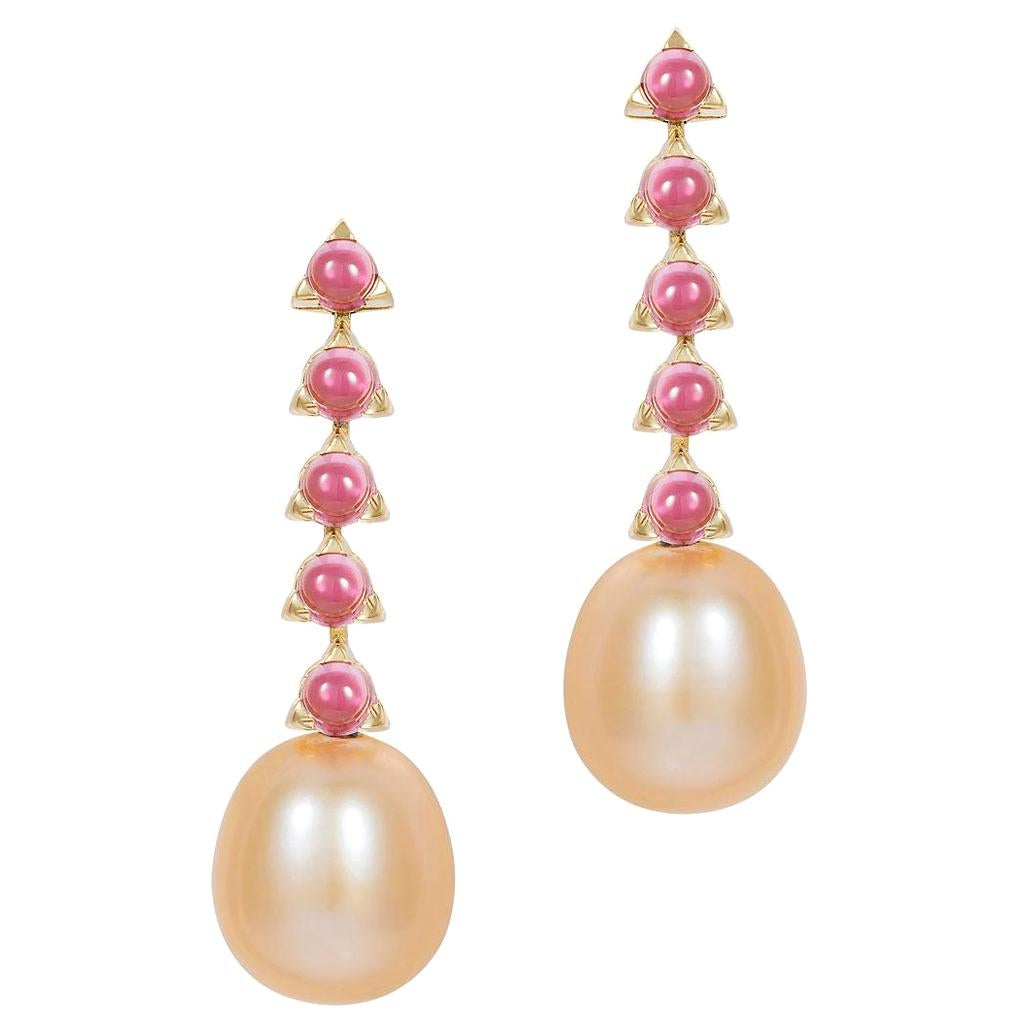 5- 3mm Stone Baroque Pink Pearl Earrings, Pink Tourmaline, 18 Karat Yellow Gold For Sale