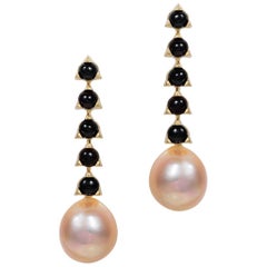 5- 4mm Stone Baroque Peach Violet Pearl Earrings Black Onyx 18 K Yellow Gold