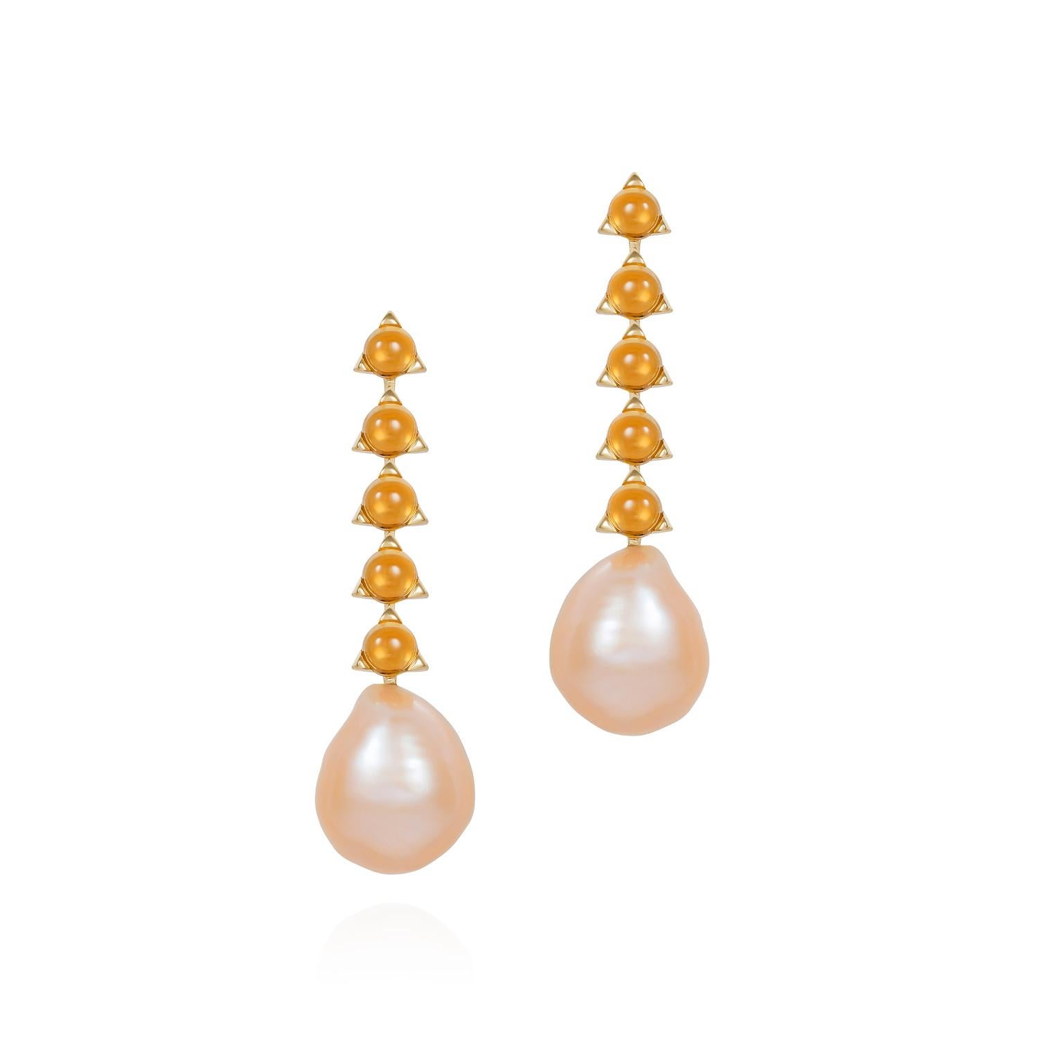 Contemporary 5- 4mm Stone Baroque Peach/Violet Pearl Earrings, Swiss Blue Topaz, 18 K Gold For Sale