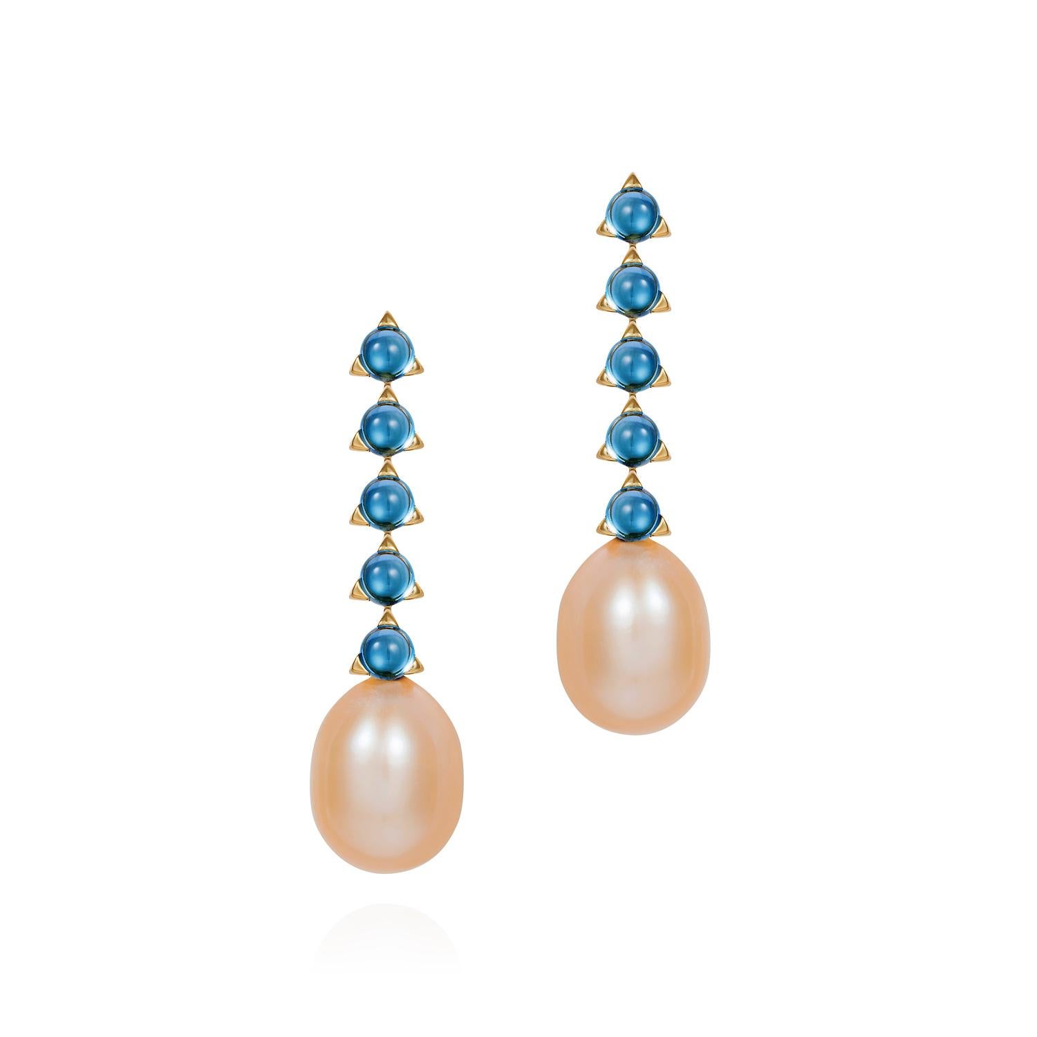Round Cut 5- 4mm Stone Baroque Peach/Violet Pearl Earrings, Swiss Blue Topaz, 18 K Gold For Sale