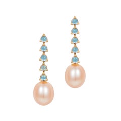 5- 4mm Stone Baroque Peach/Violet Pearl Earrings, Swiss Blue Topaz, 18 K Gold