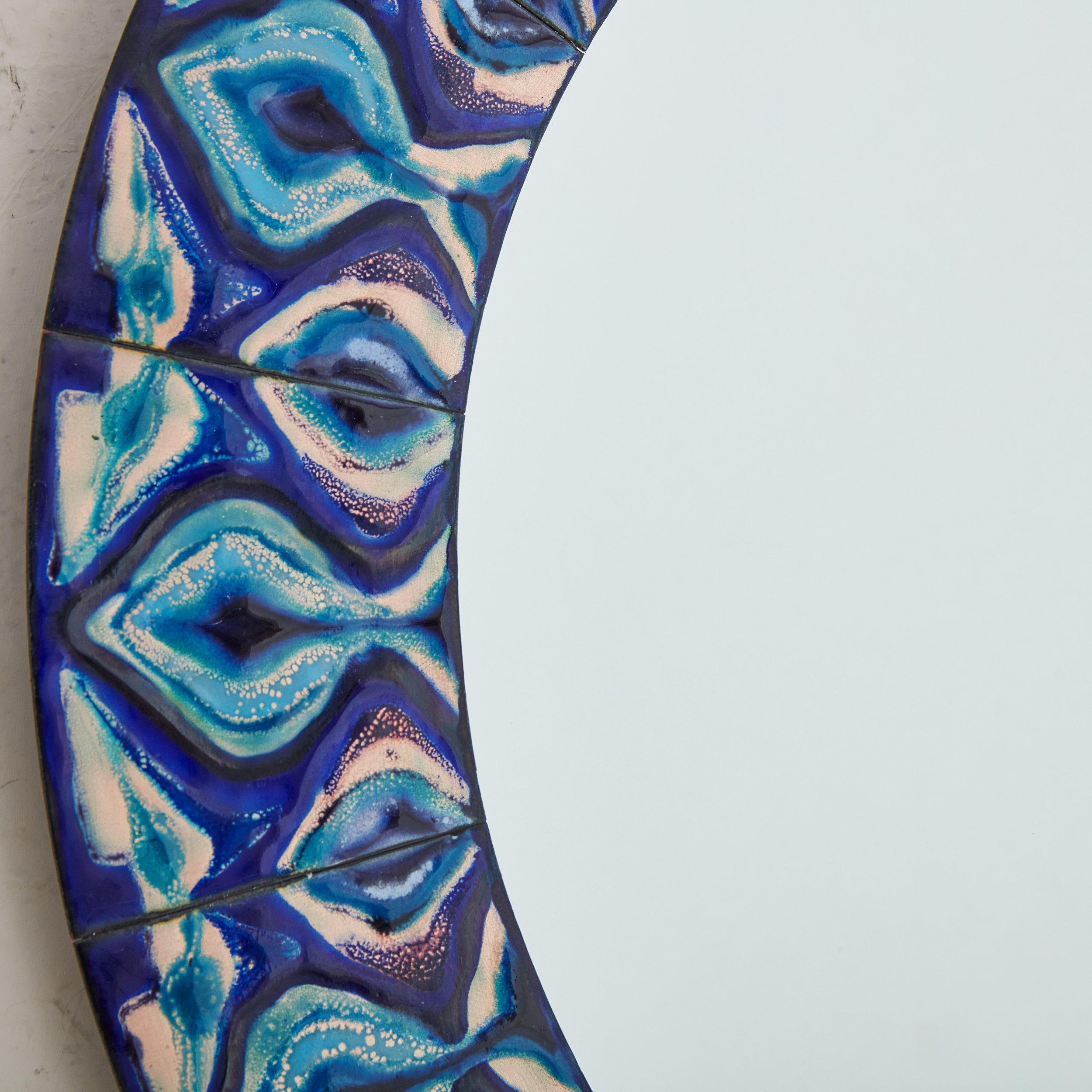 Céramique 5/5 Miroir en émail bleu peint à la main par Bodil Eje, Danemark années 1960 en vente