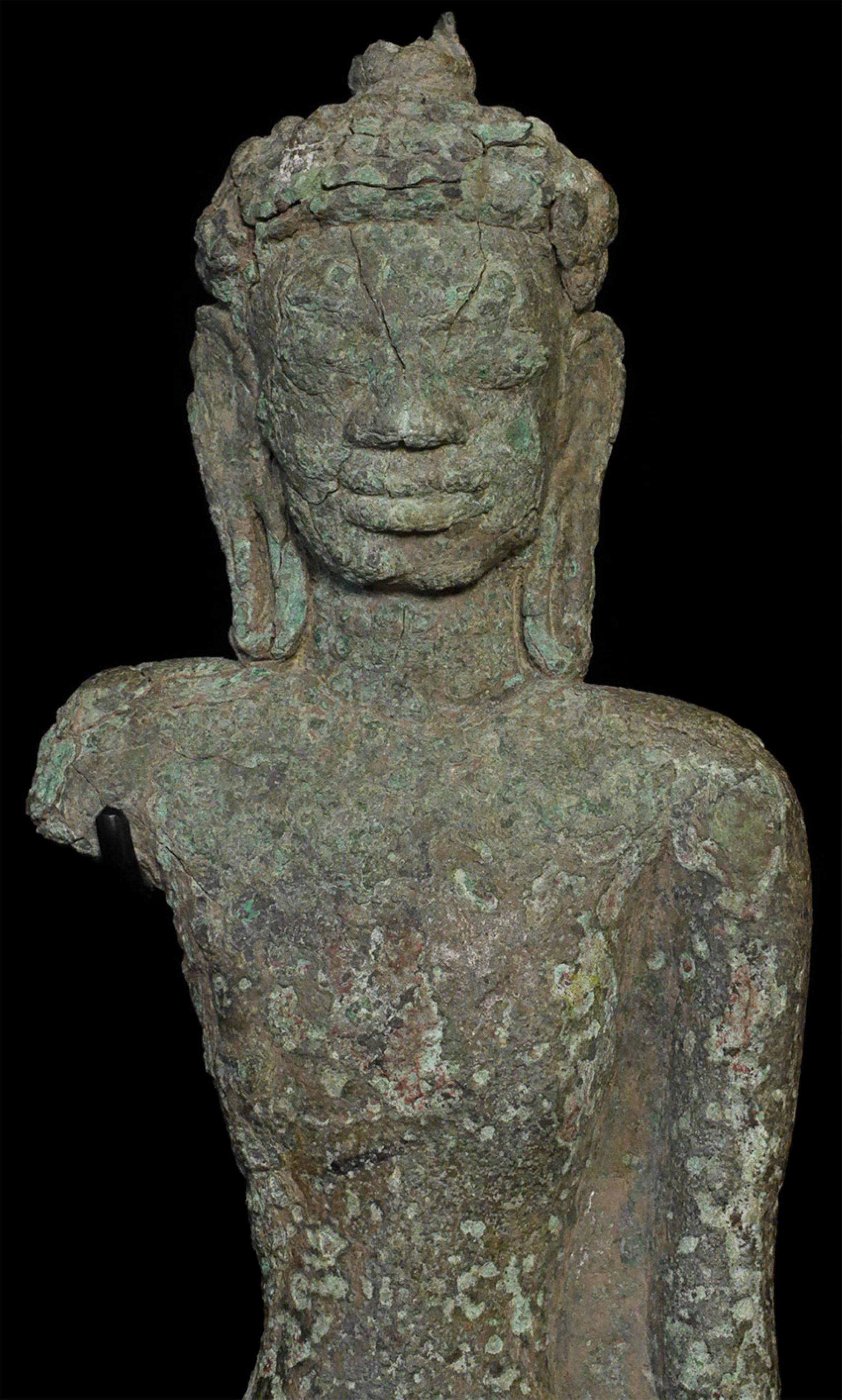 Very early SE Asian Mon Buddha--probably 6thC. Extremely rare to find in such a large size (the full figure would have stood a good 18+ inches tall, which was enormous for this very early period). Wonderfully expressive face. Strong burial patina.