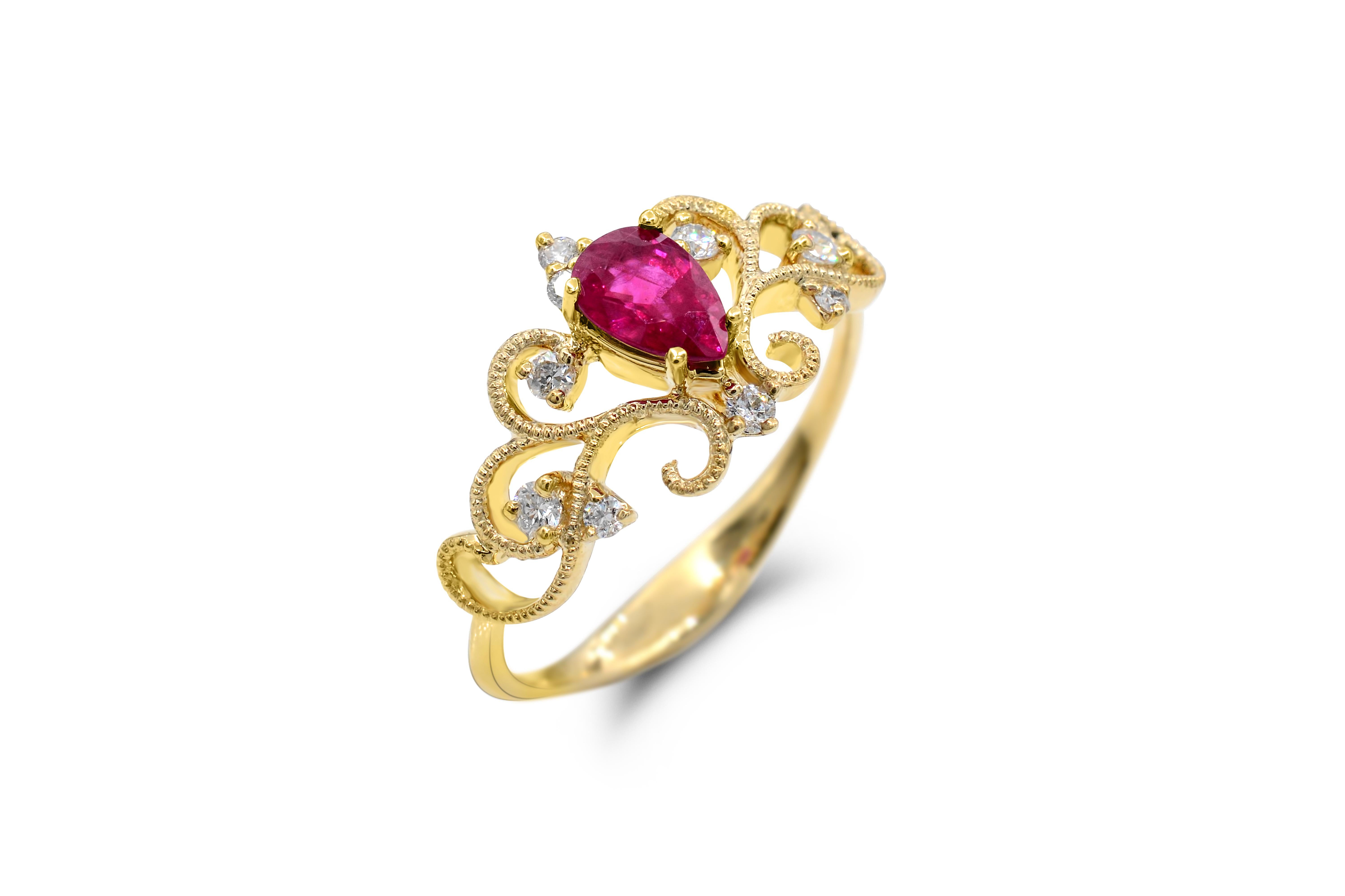 Indulge in the elegance of our Pear-Cut Ruby and Diamond Accent Curvilinear Migraine Shank Ring in 14K Yellow Gold. Crafted with meticulous attention to detail, this ring boasts a stunning combination of one pear- cut ruby accented by sparkling