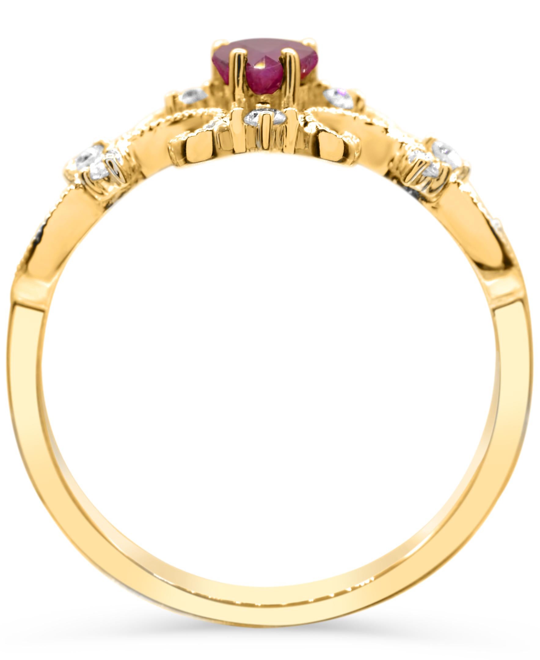 Contemporary 5/8 ct. Ruby and Diamond Accent Curvilinear Migraine Shank 14K Yellow Gold Ring For Sale