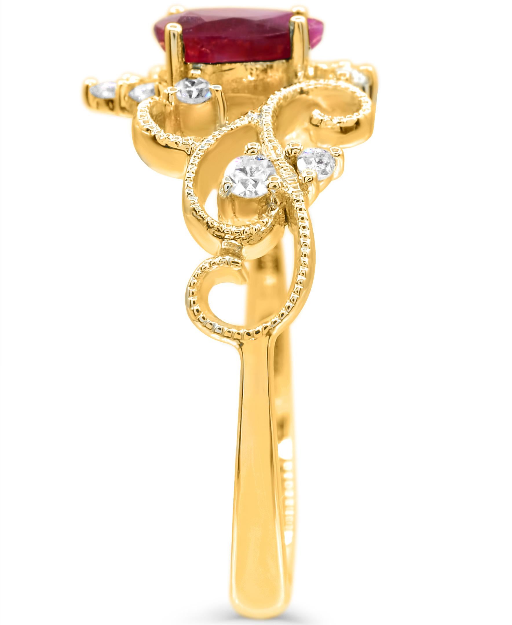 Pear Cut 5/8 ct. Ruby and Diamond Accent Curvilinear Migraine Shank 14K Yellow Gold Ring For Sale