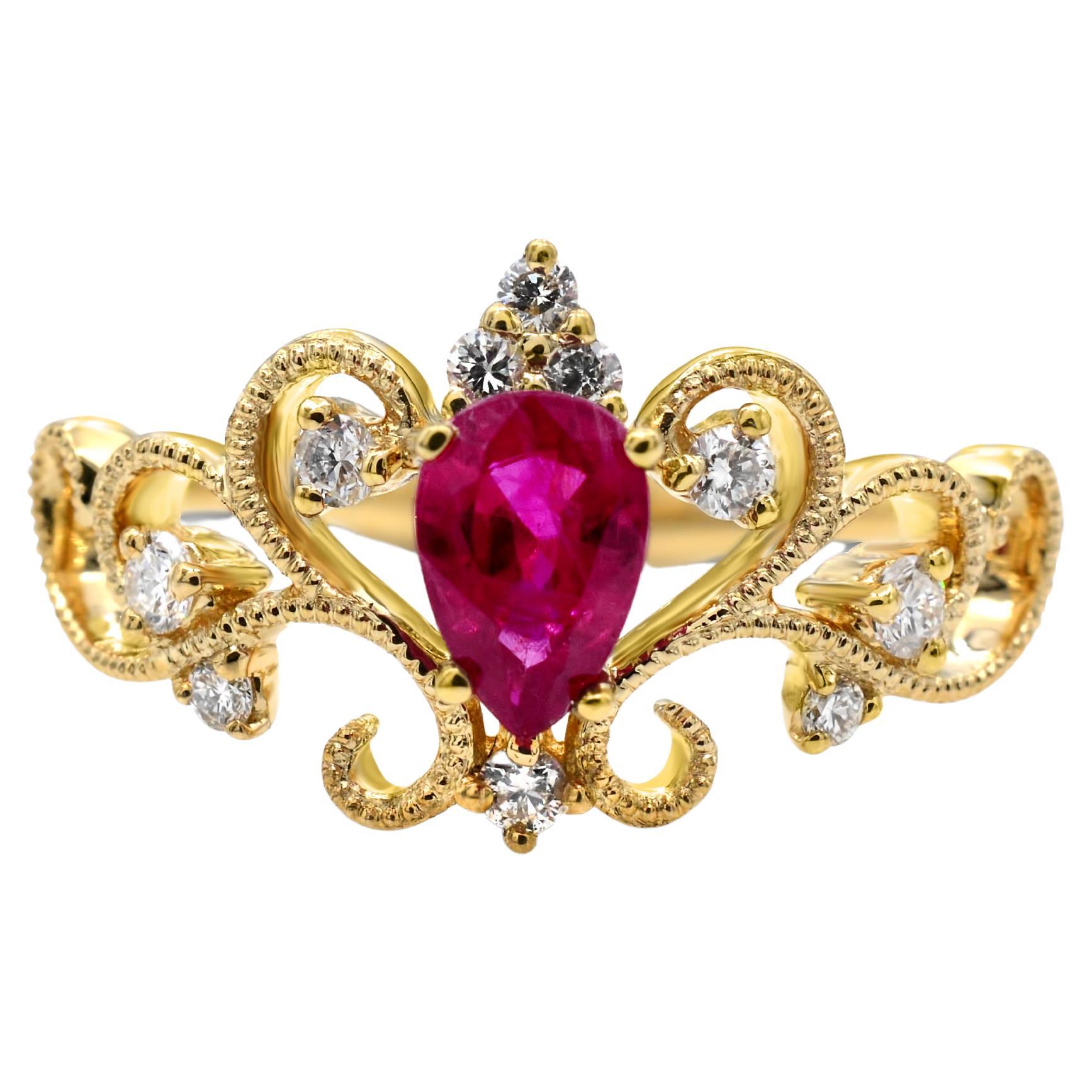 5/8 ct. Ruby and Diamond Accent Curvilinear Migraine Shank 14K Yellow Gold Ring For Sale