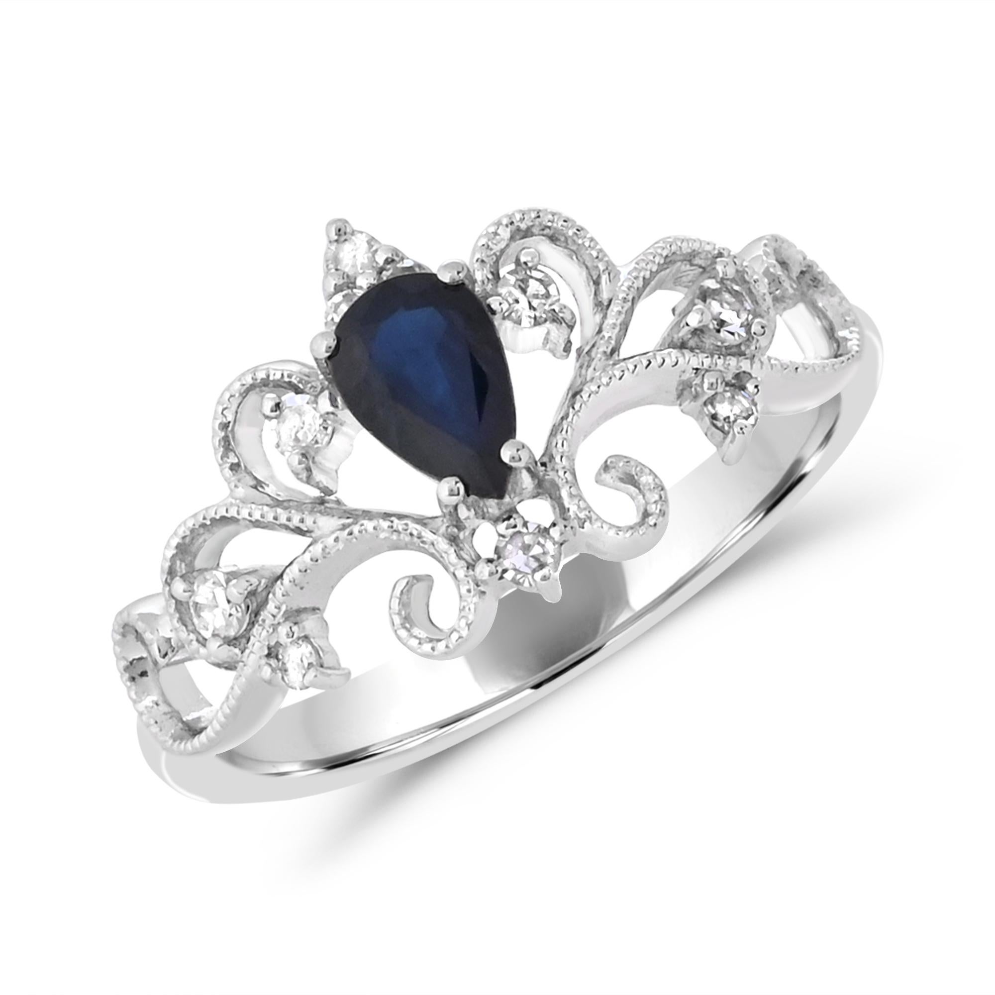 Contemporary 5/8 ct. Sapphire and Diamond Accent Vine Pattern Shank Ring in 14K White Gold For Sale