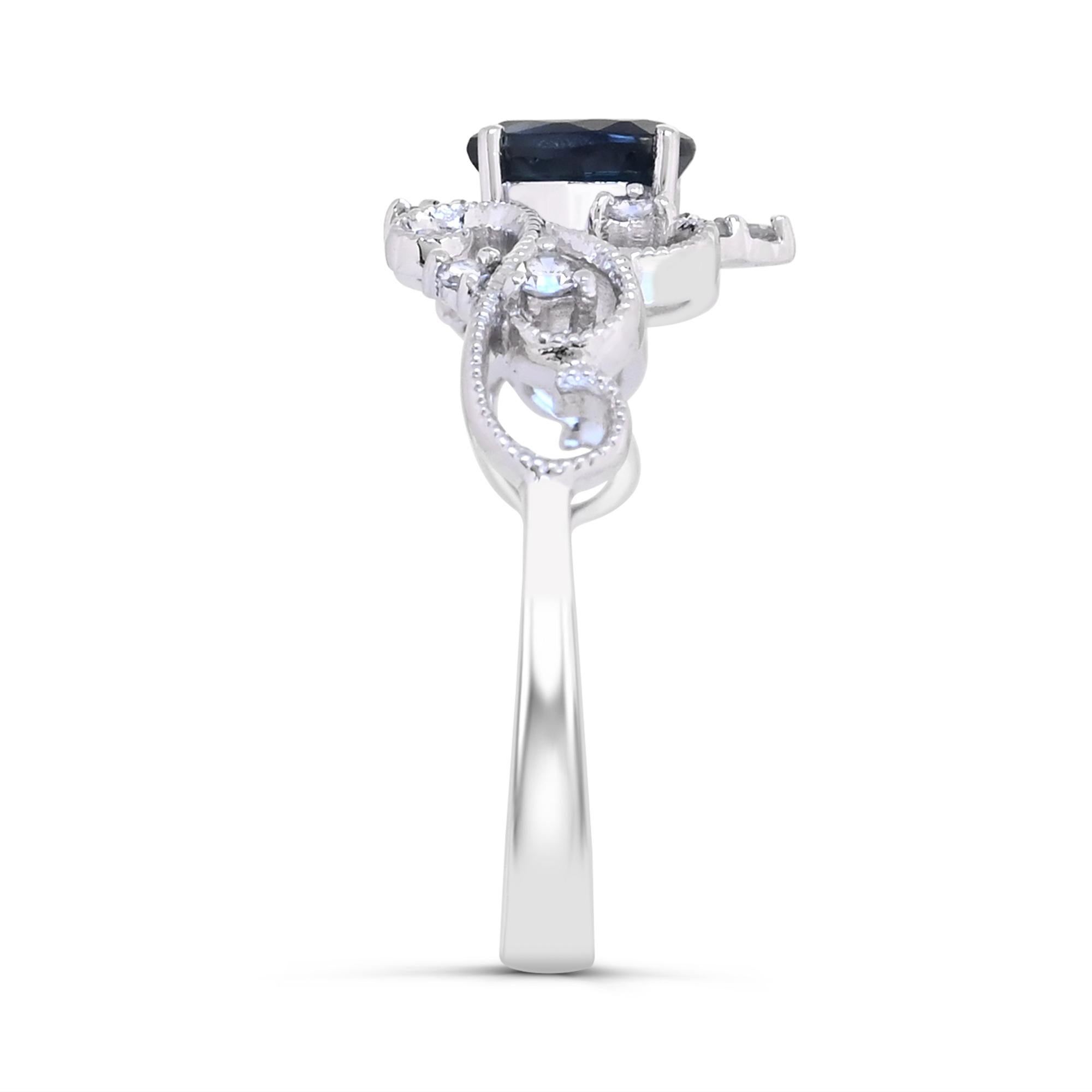Pear Cut 5/8 ct. Sapphire and Diamond Accent Vine Pattern Shank Ring in 14K White Gold For Sale