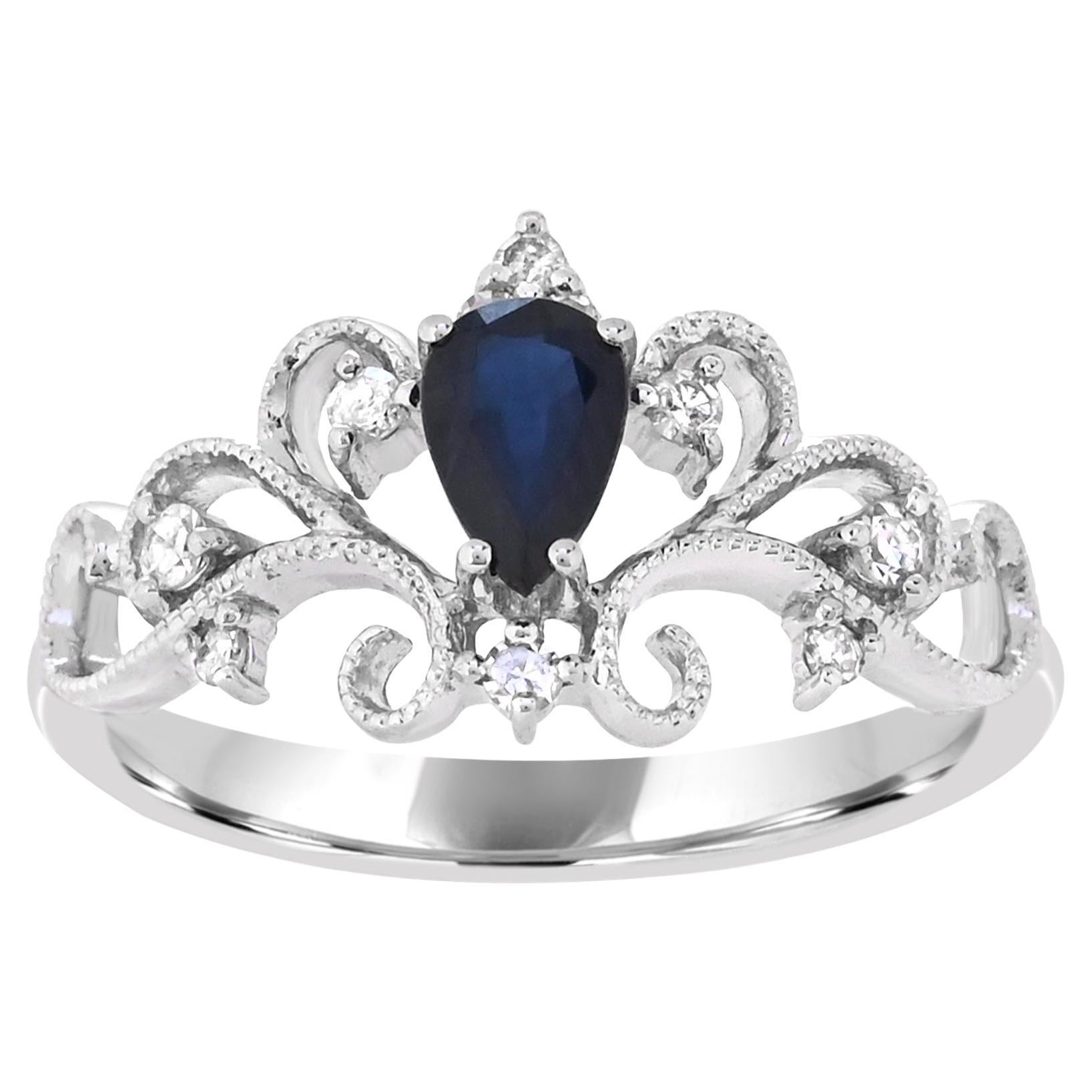 5/8 ct. Sapphire and Diamond Accent Vine Pattern Shank Ring in 14K White Gold For Sale