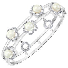 5 Akoya Pearl and 1.5 Carat Diamond Bangle in 18 Karat White Gold Estate, 41 Gm