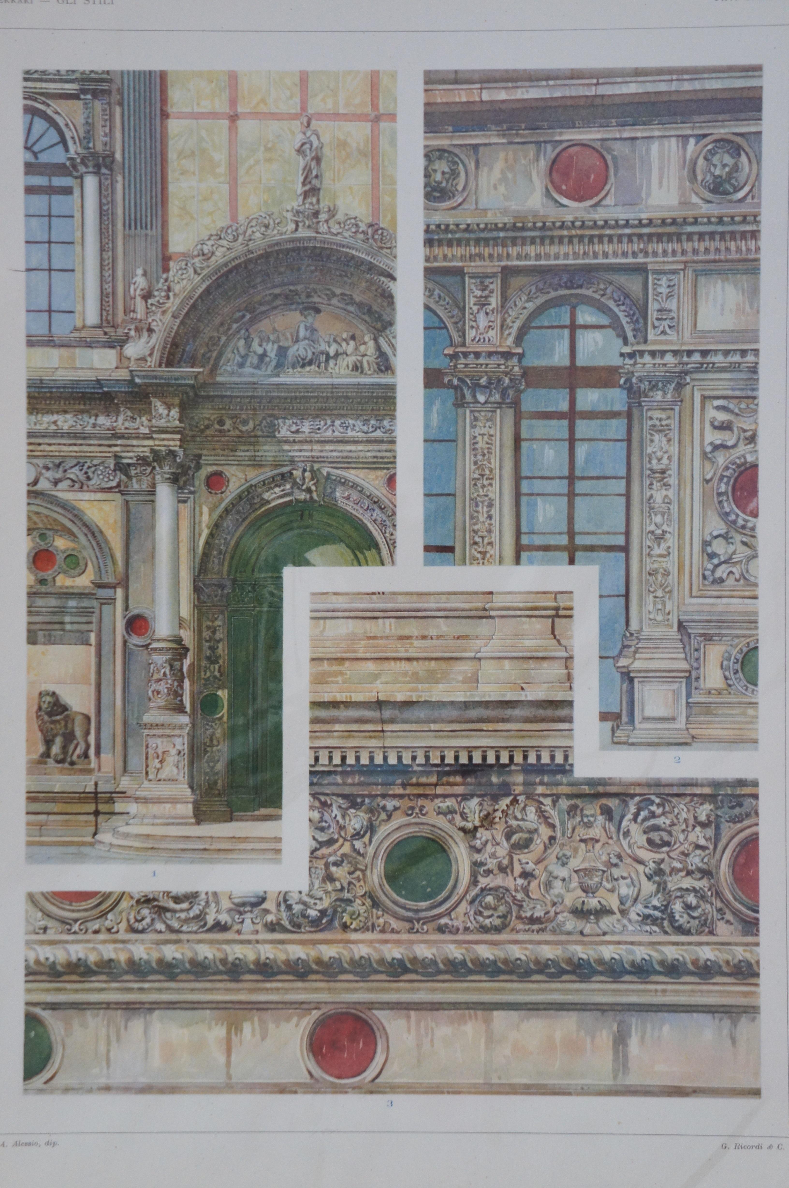 5 antike italienische Giulio Ferrari-Architektur-Renaissance-Radierungen Gli St aus dem 19. Jahrhundert (Papier)
