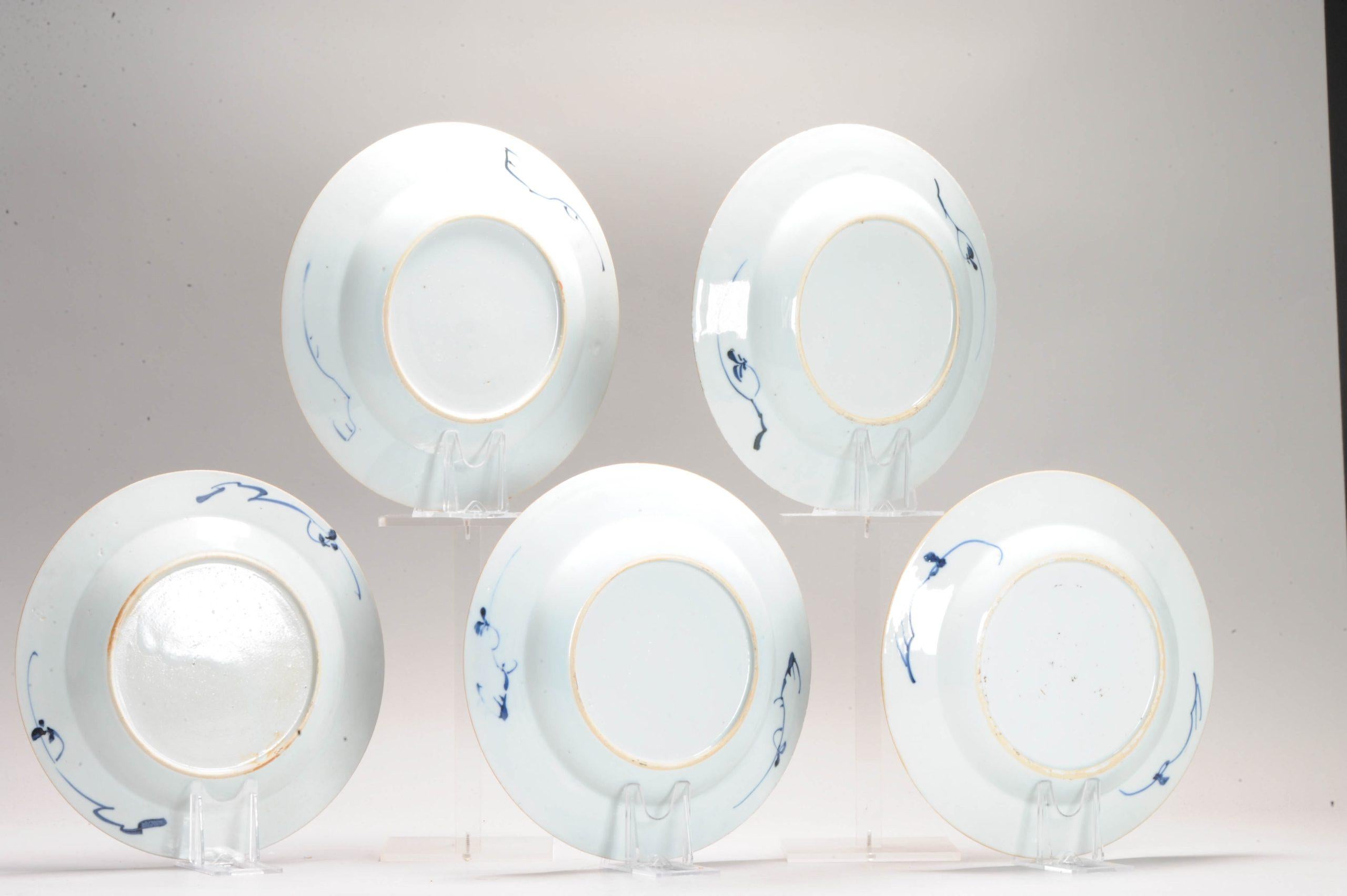 Qing #5 Antique Chinese Porcelain 18th C Kangxi Blue White Set Dinner Plates Pagode For Sale