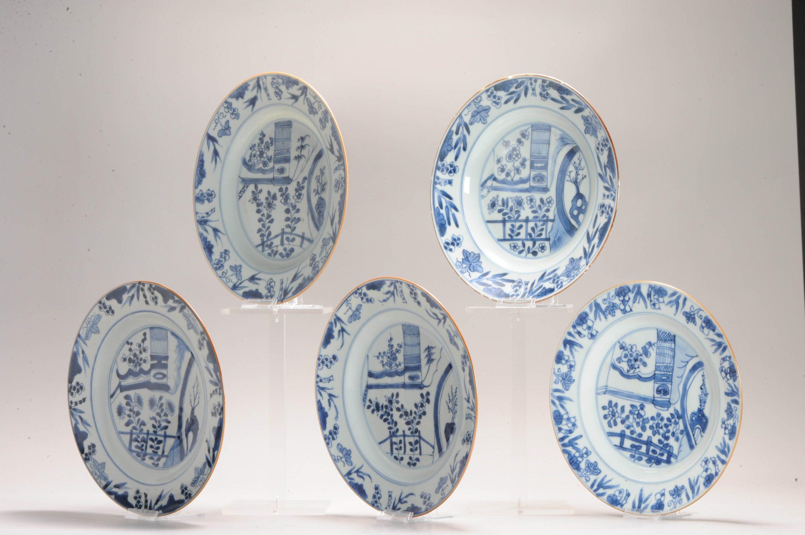 #5 Antique Chinese Porcelain 18th C Kangxi Blue White Set Dinner Plates Pagode In Good Condition For Sale In Amsterdam, Noord Holland