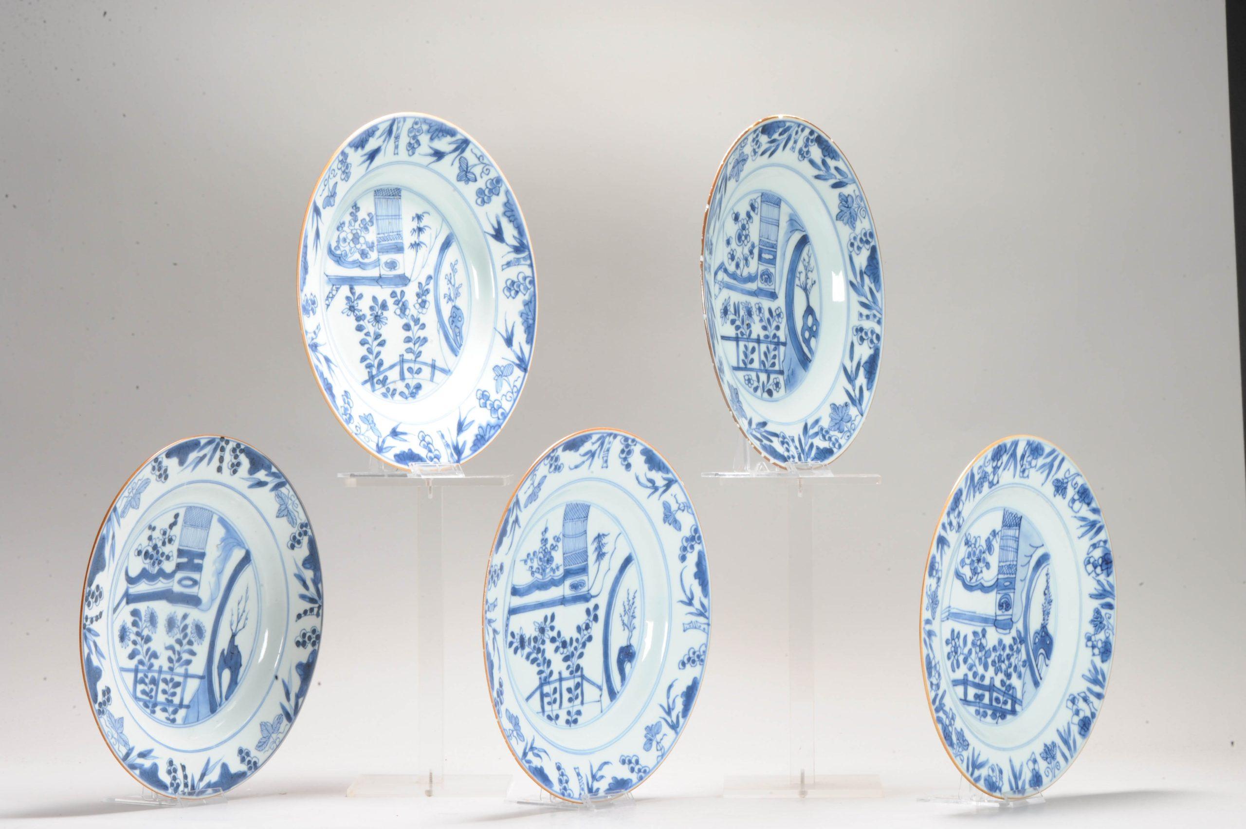 #5 Antique Chinese Porcelain 18th C Kangxi Blue White Set Dinner Plates Pagode For Sale 3
