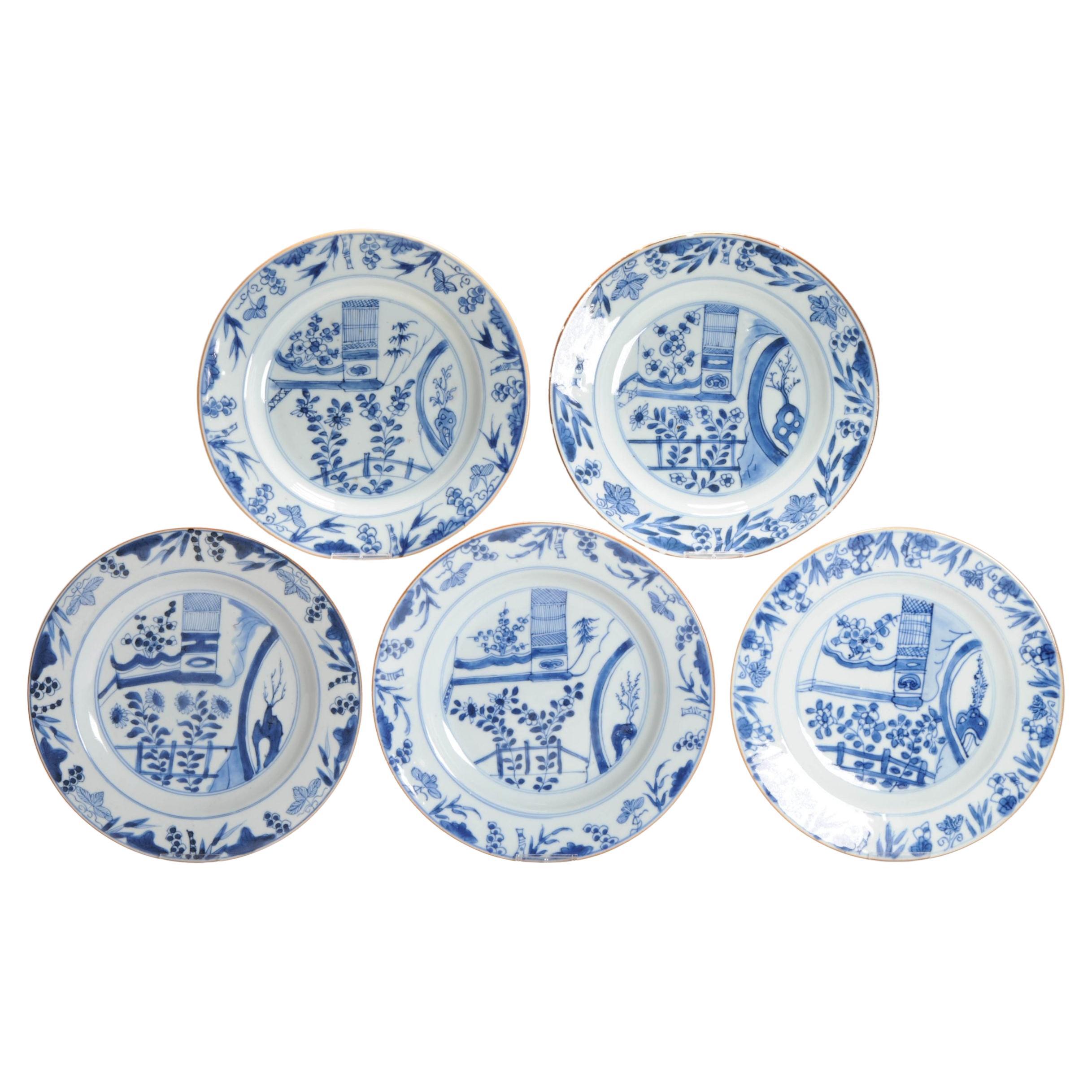 #5 Antique Chinese Porcelain 18th C Kangxi Blue White Set Dinner Plates Pagode
