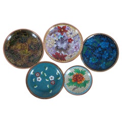 5 Antique Cloisonne Enamel Trinket Dishes Plates Floral 4"