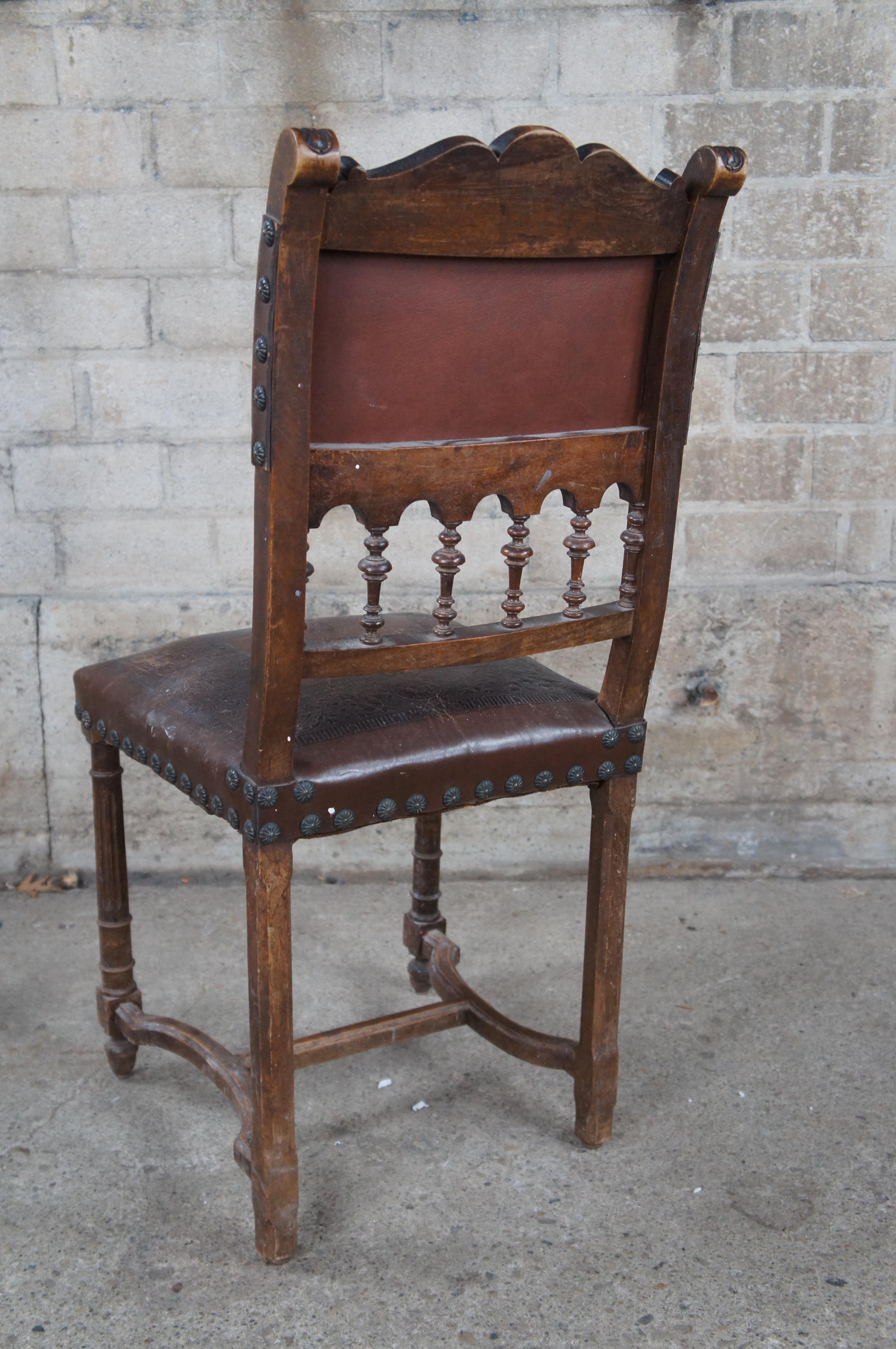5 Antique French Henry II Style Embossed Leather & Oak Gothic Dining Side Chairs For Sale 6