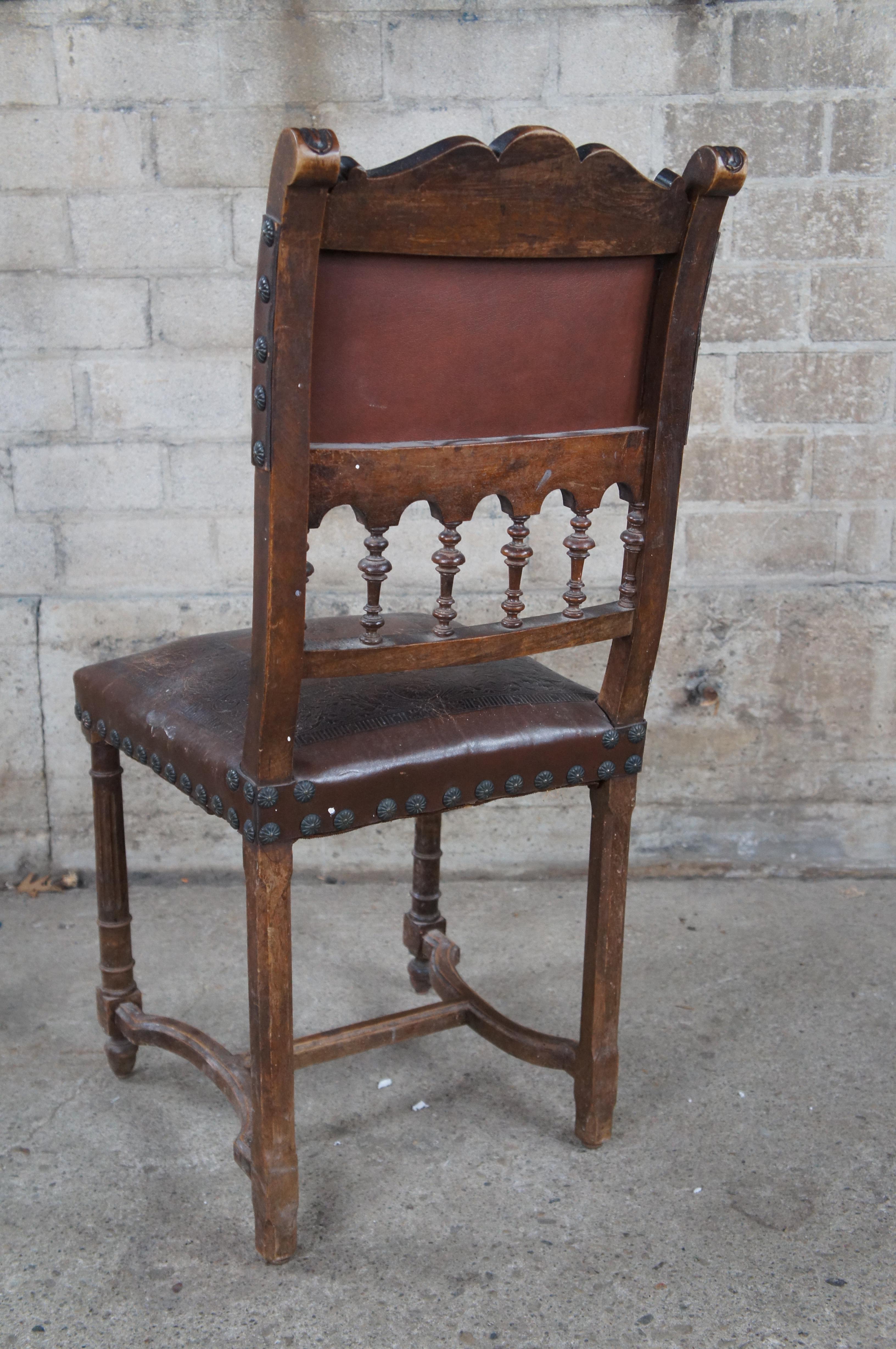 5 Antique French Henry II Style Embossed Leather & Oak Gothic Dining Side Chairs 6