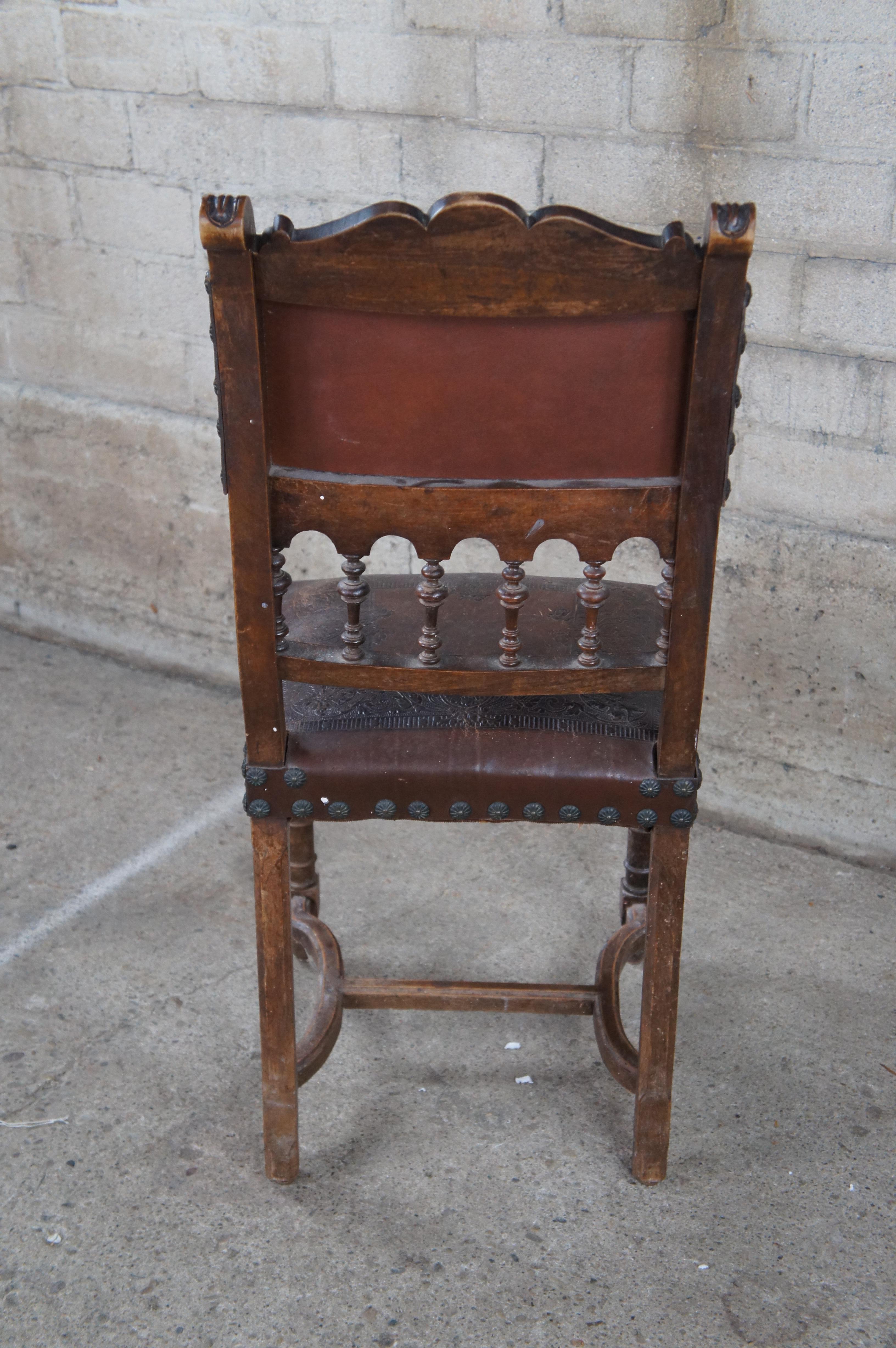 5 Antique French Henry II Style Embossed Leather & Oak Gothic Dining Side Chairs For Sale 7