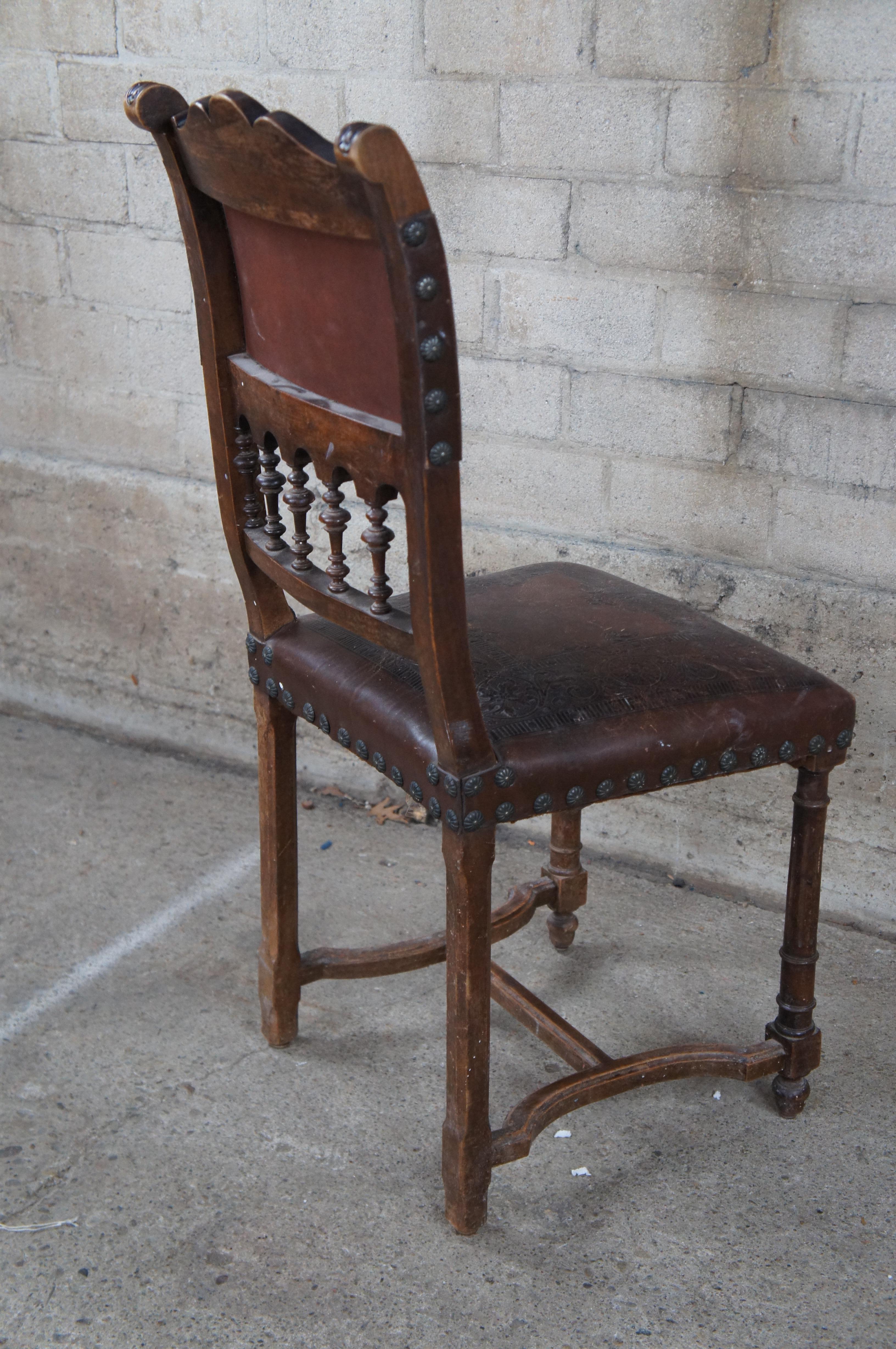 5 Antique French Henry II Style Embossed Leather & Oak Gothic Dining Side Chairs For Sale 8