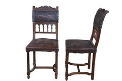 5 Antique French Henry II Style Embossed Leather & Oak Gothic Dining Side Chairs