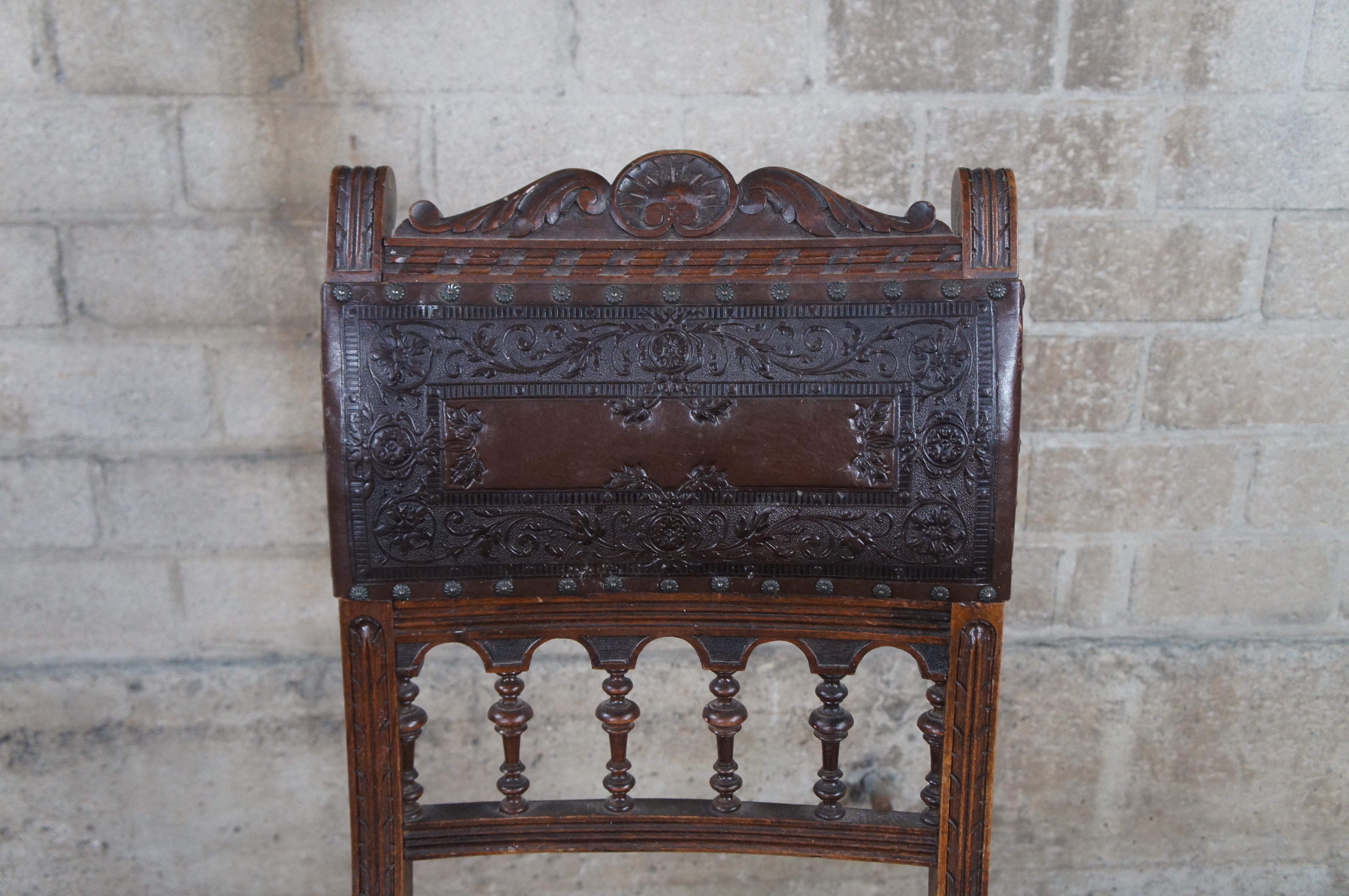 Late 19th Century 5 Antique French Henry II Style Embossed Leather & Oak Gothic Dining Side Chairs For Sale
