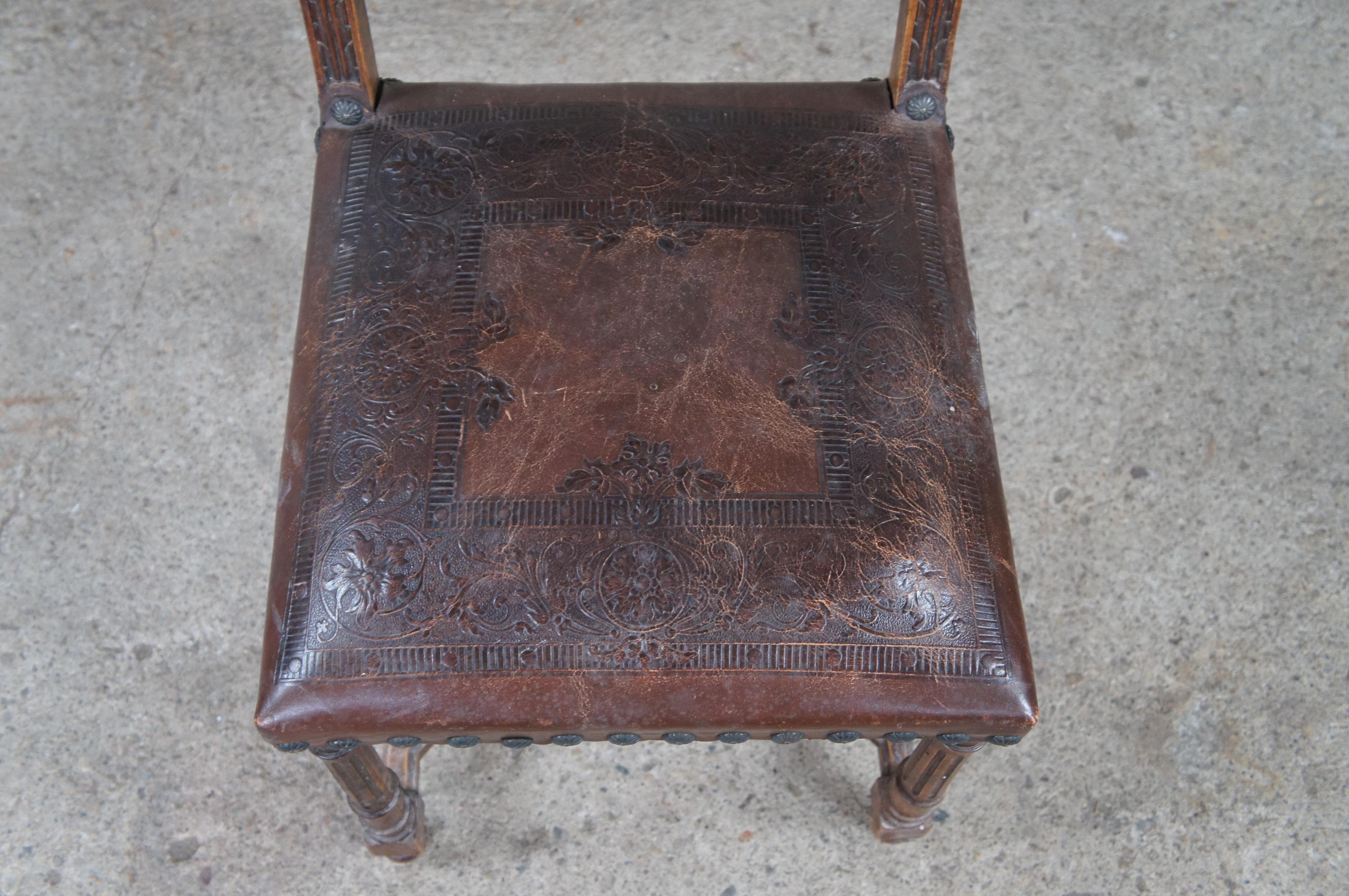 5 Antique French Henry II Style Embossed Leather & Oak Gothic Dining Side Chairs For Sale 1