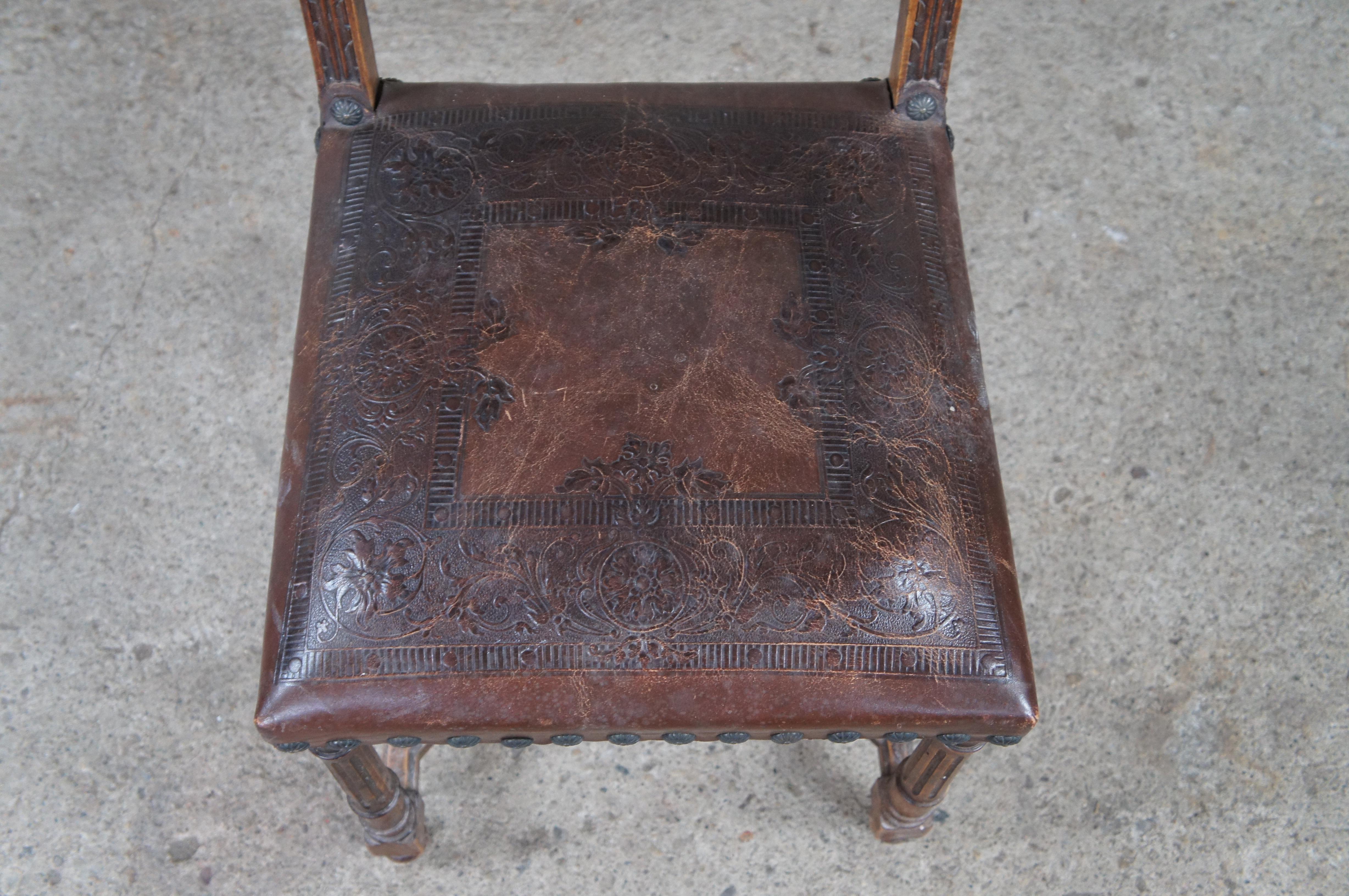 5 Antique French Henry II Style Embossed Leather & Oak Gothic Dining Side Chairs 1