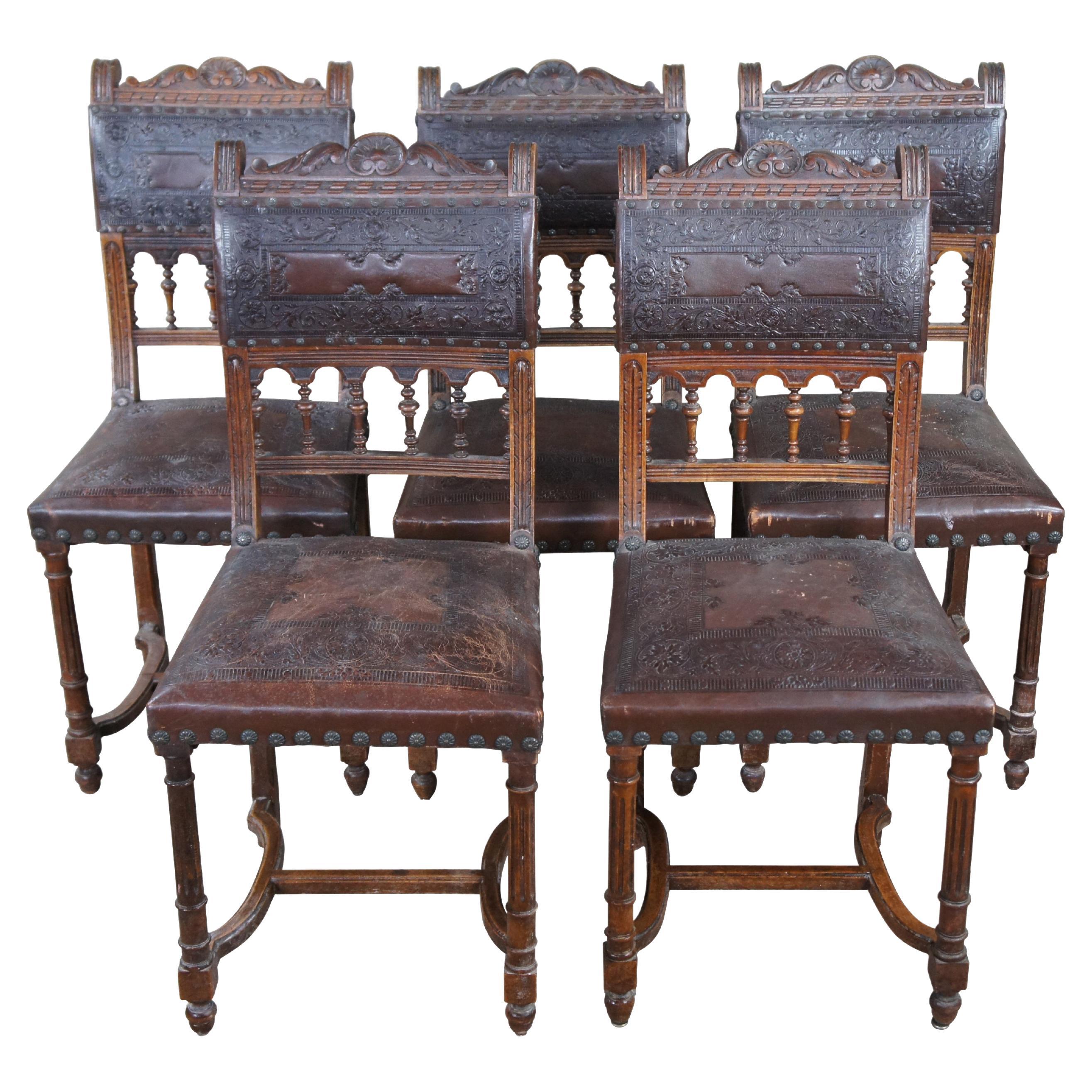 5 Antique French Henry II Style Embossed Leather & Oak Gothic Dining Side Chairs For Sale