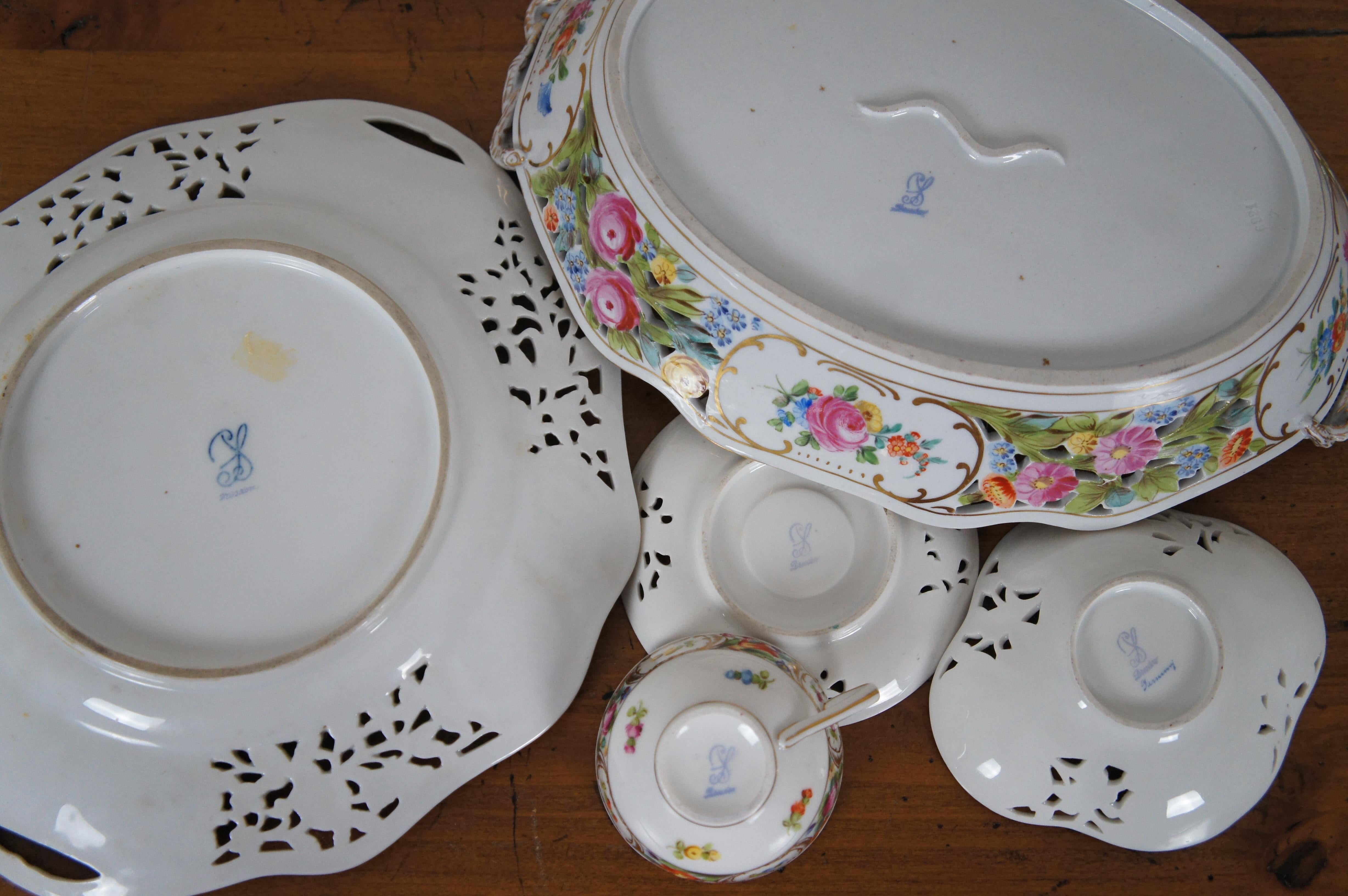 5 Antique German Dresden Reticulated Cake Plate Serving Bowl Tea Cup Saucer For Sale 3