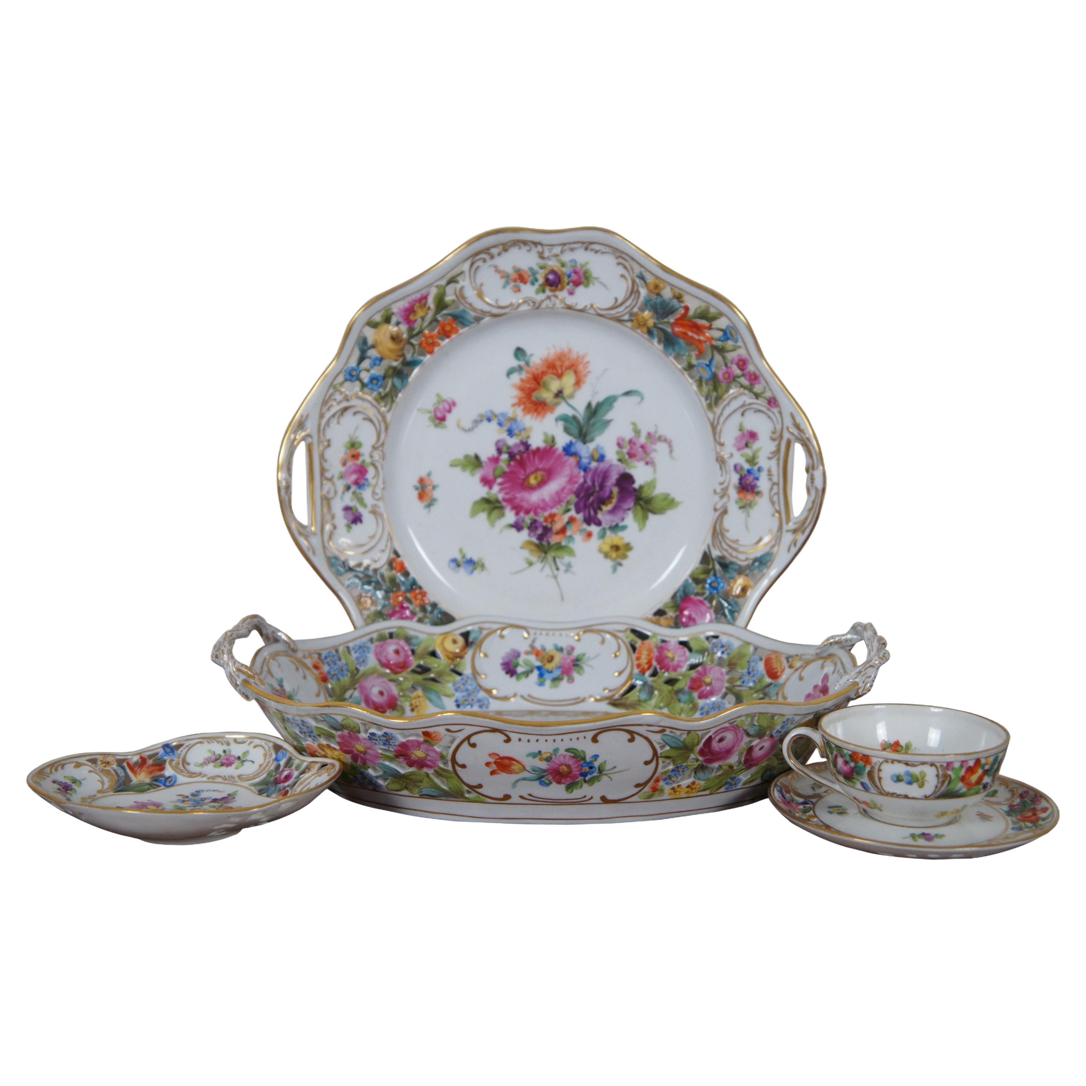 5 Antique German Dresden Reticulated Cake Plate Serving Bowl Tea Cup Saucer For Sale