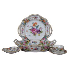 5 assiettes à gâteau réticulées anciennes allemandes de Dresde, bol de service, tasses à thé et soucoupe