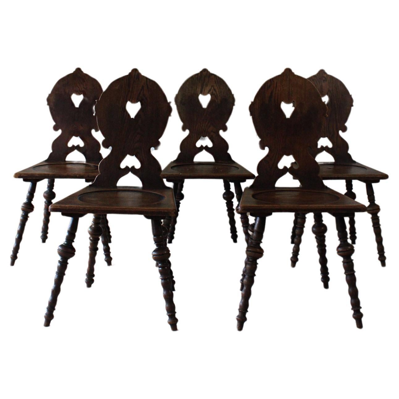 5 Antique German Primitive Farmers Chairs Wooden Stabelle Carved Back and Legs