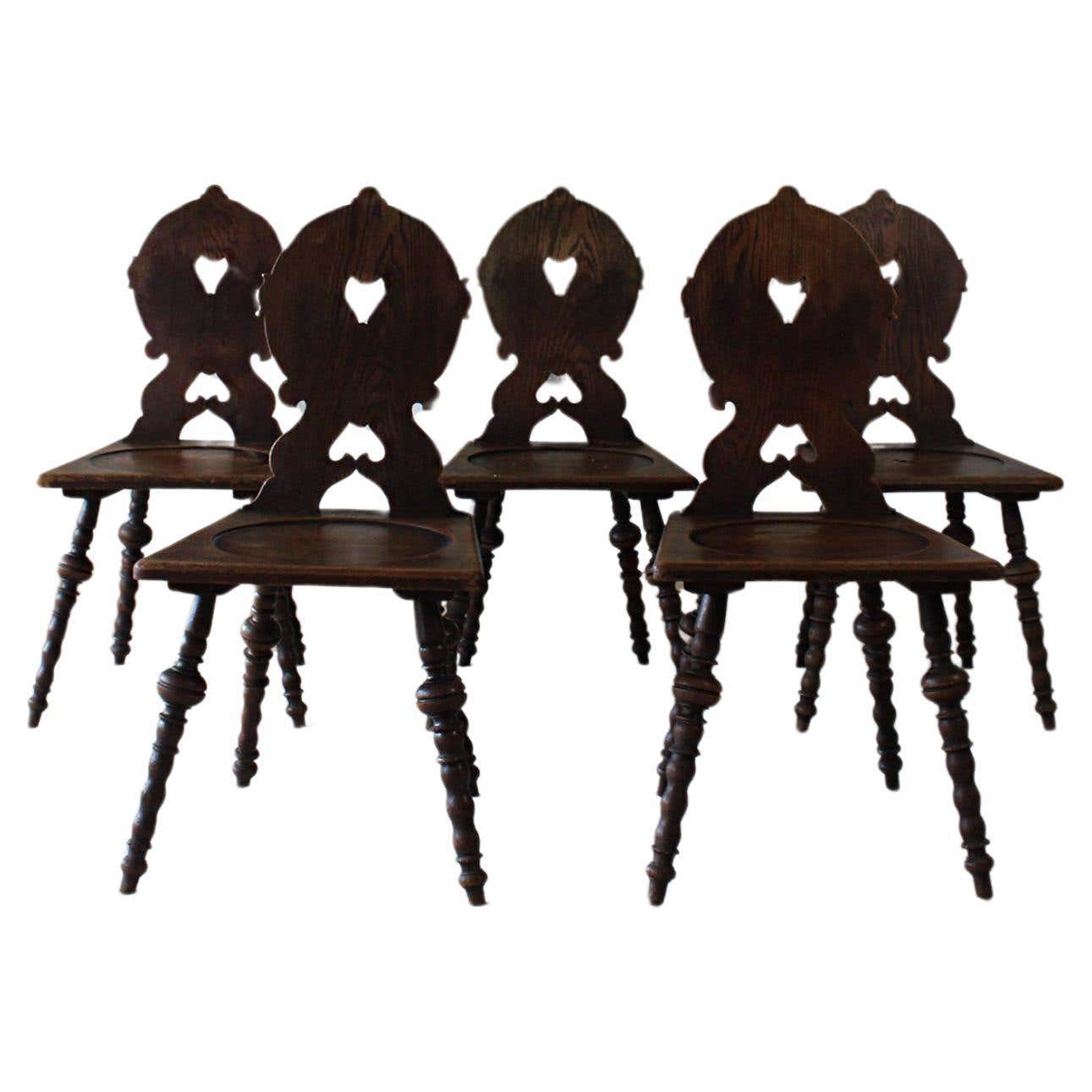5 Antique German Primitive Farmers Chairs Wooden Stabelle Carved Back ...