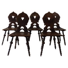5 Antique German Primitive Farmers Chairs Wooden Stabelle Carved Back and Legs