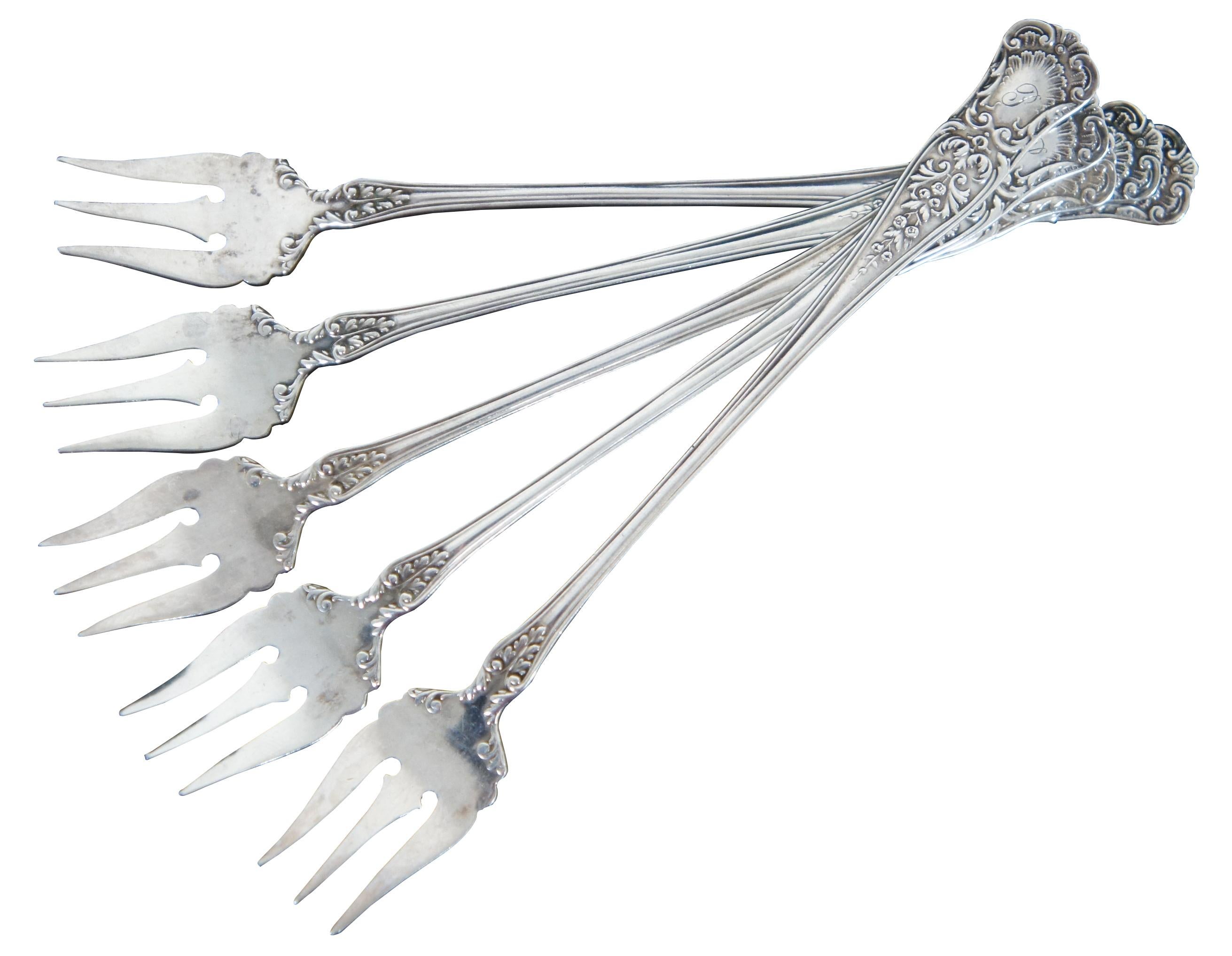 Victorian 5 Antique Gorham Sterling Silver Cocktail Forks Floral Scallop Oyster Seafood