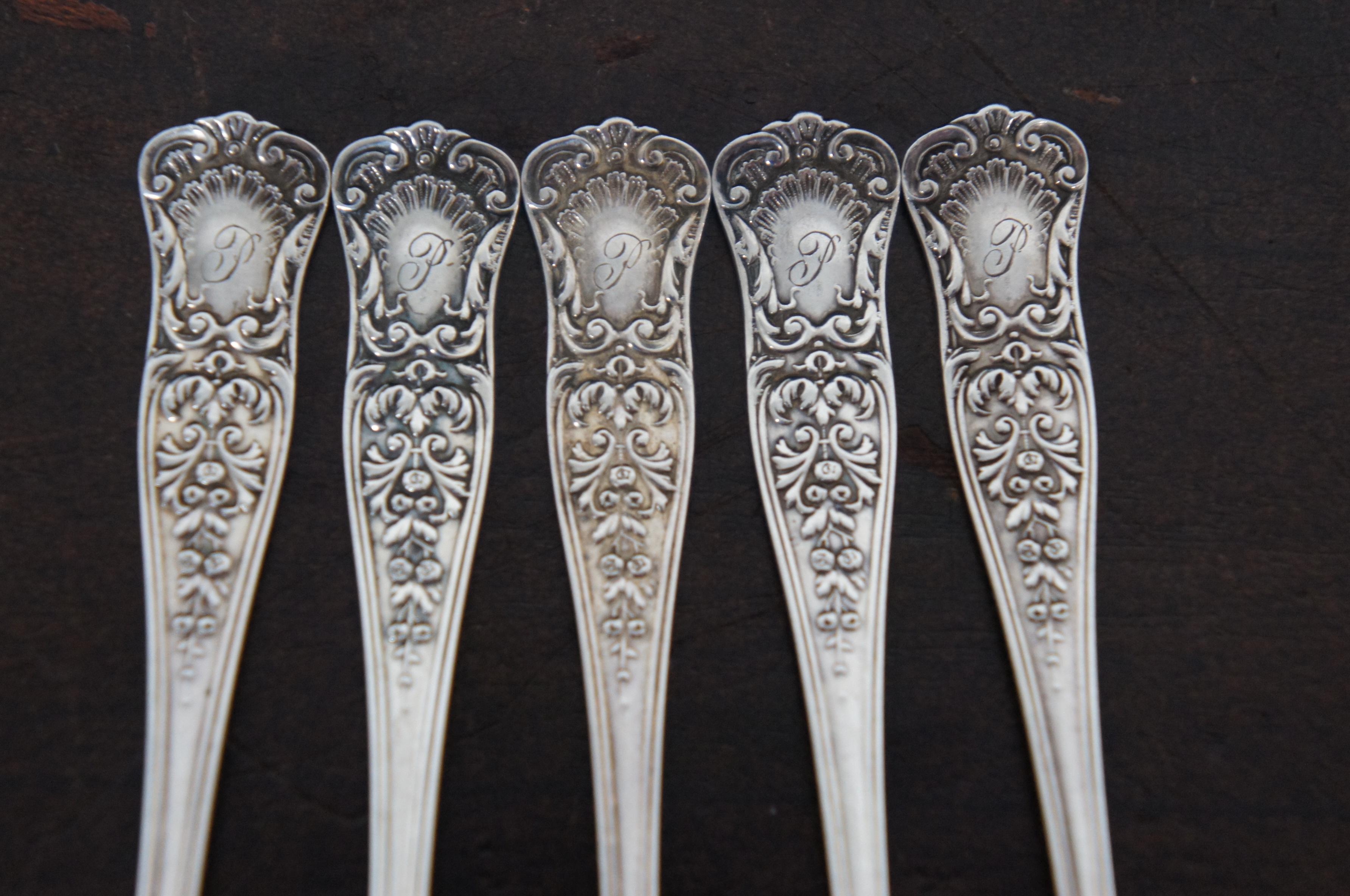 20th Century 5 Antique Gorham Sterling Silver Cocktail Forks Floral Scallop Oyster Seafood