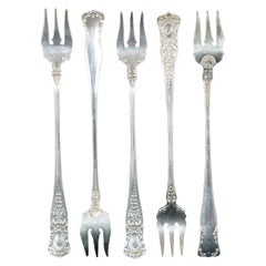 5 Antique Gorham Sterling Silver Cocktail Forks Floral Scallop Oyster Seafood