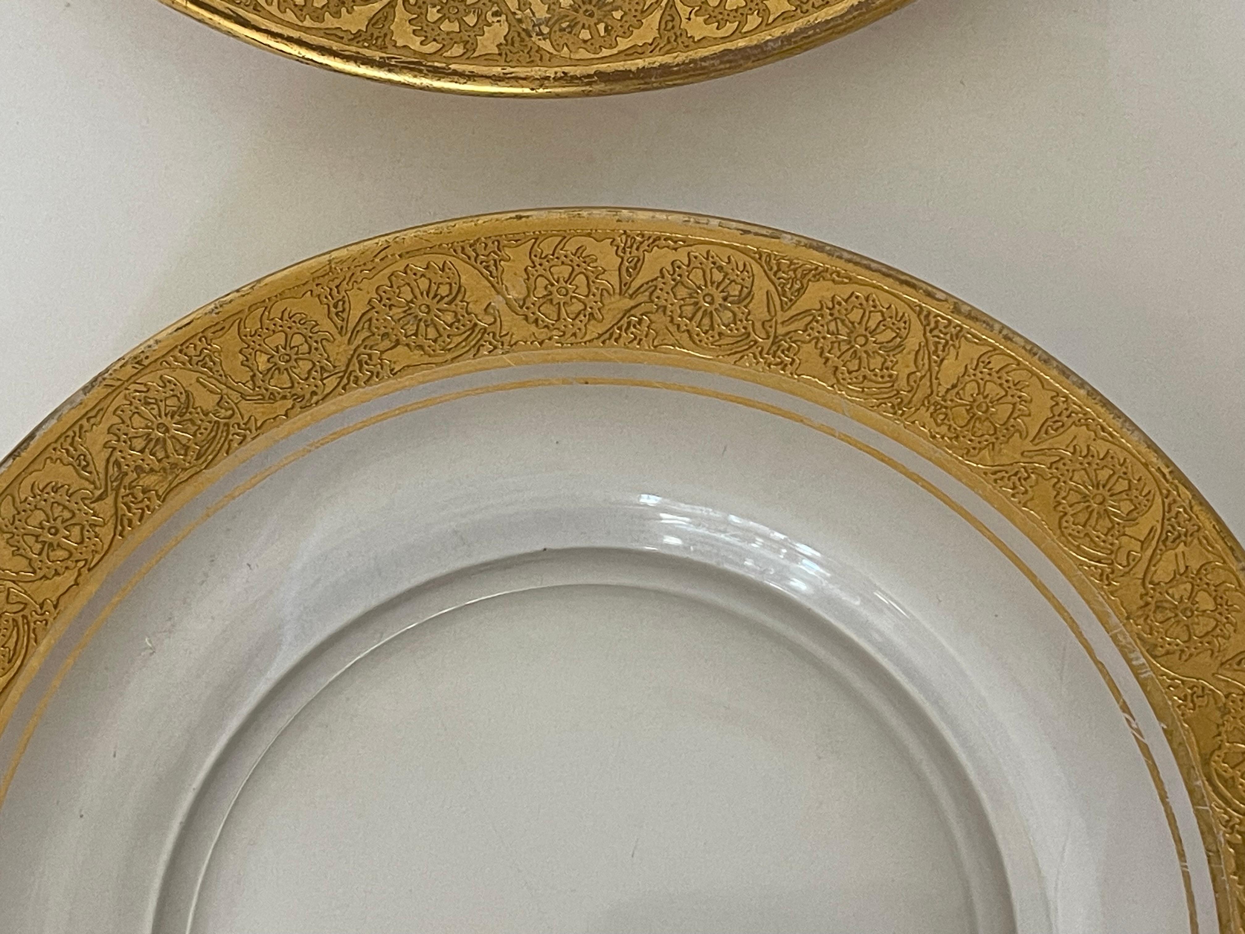 Antike Moser Glasdessertteller mit Goldprofilen am Rand. 5 Stück. 