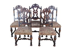 5 Antique Rockford Jacobean Spanish Revival Walnut Carved Dining Chairs