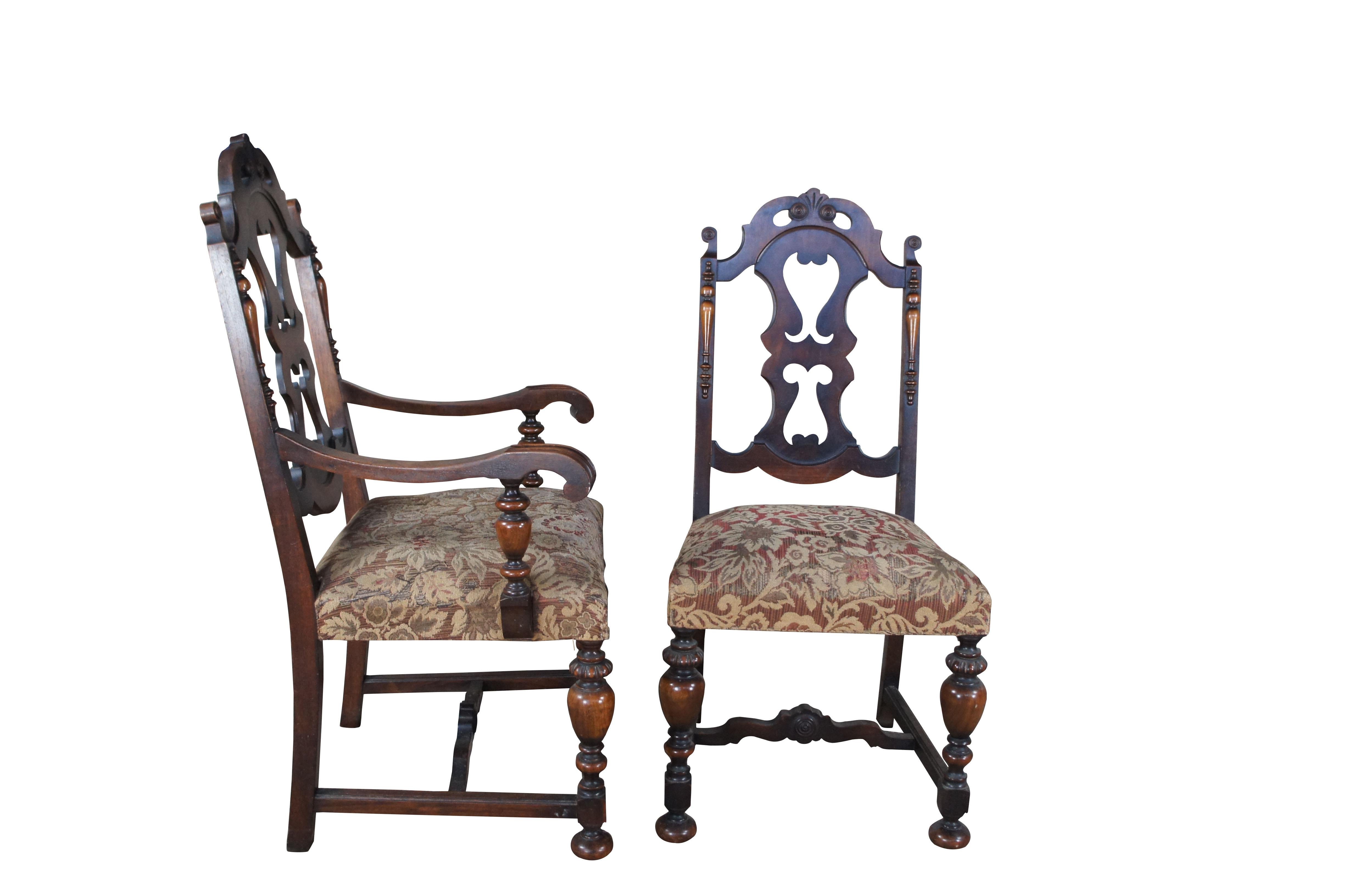 5 Antique Rockford Jacobean Spanish Revival Walnut Carved Dining Chairs In Good Condition In Dayton, OH